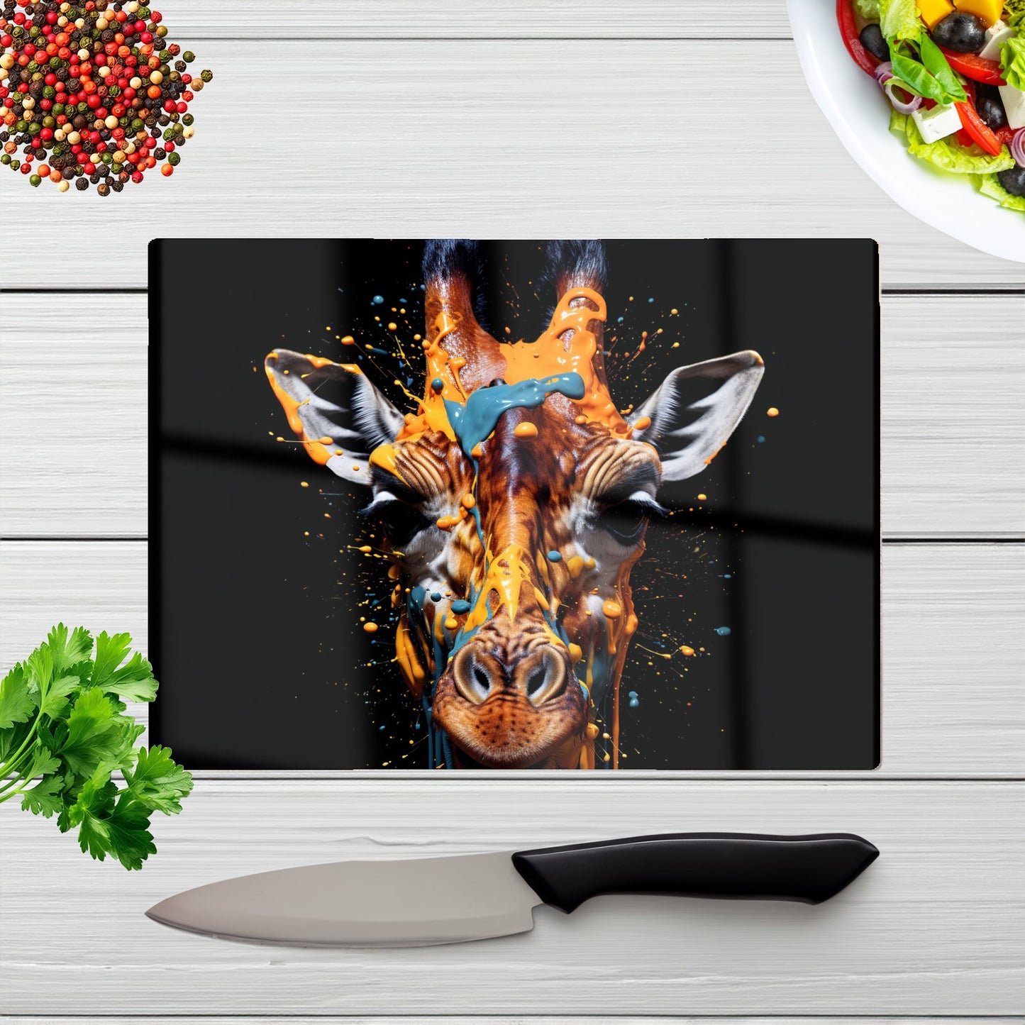 Giraffe Face Splashart Glass Chopping Board