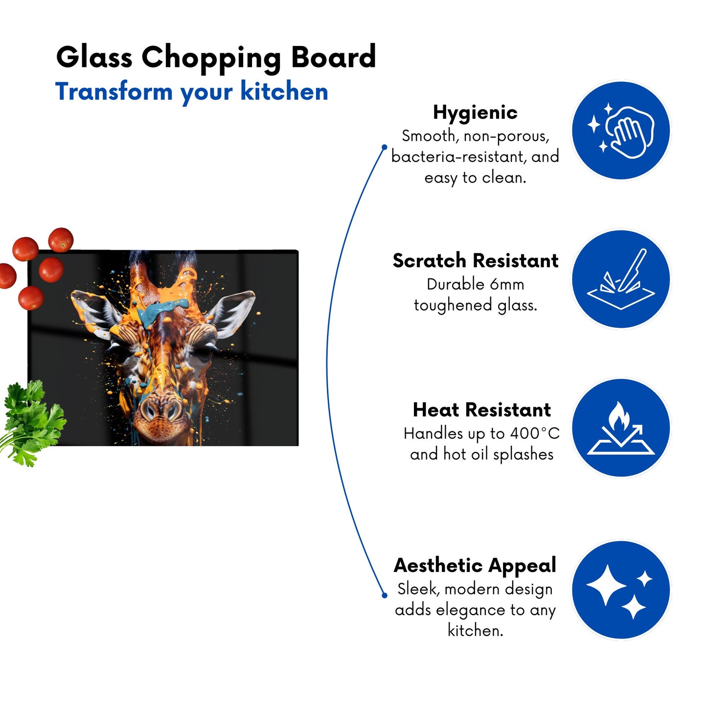 Giraffe Face Splashart Glass Chopping Board