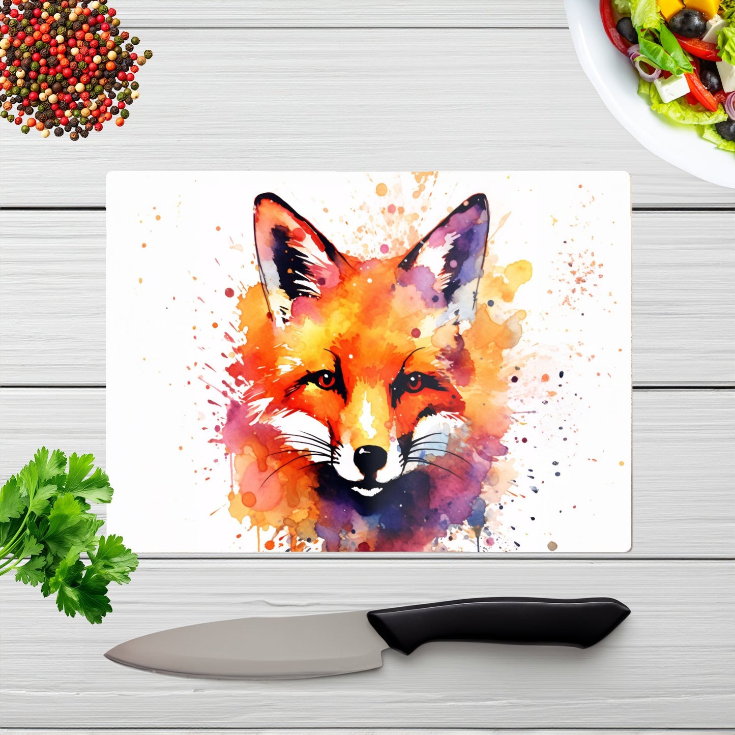 Watercolour Splashart Fox Face Glass Chopping Board