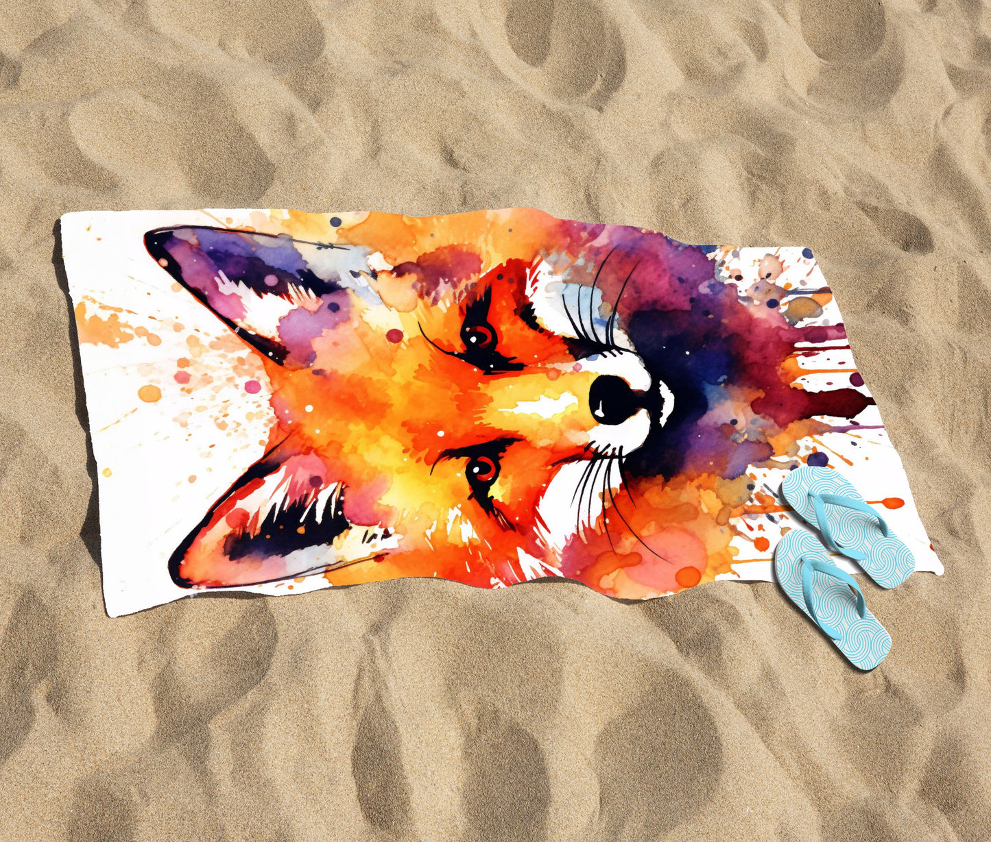 Watercolour Splashart Fox Face Beach Towel
