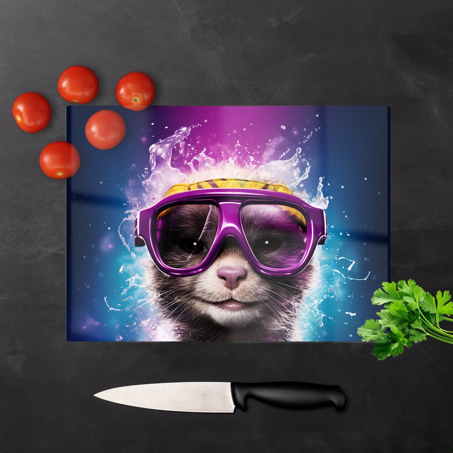 Splashart Ferret With Glasses Purple Glass Chopping Board