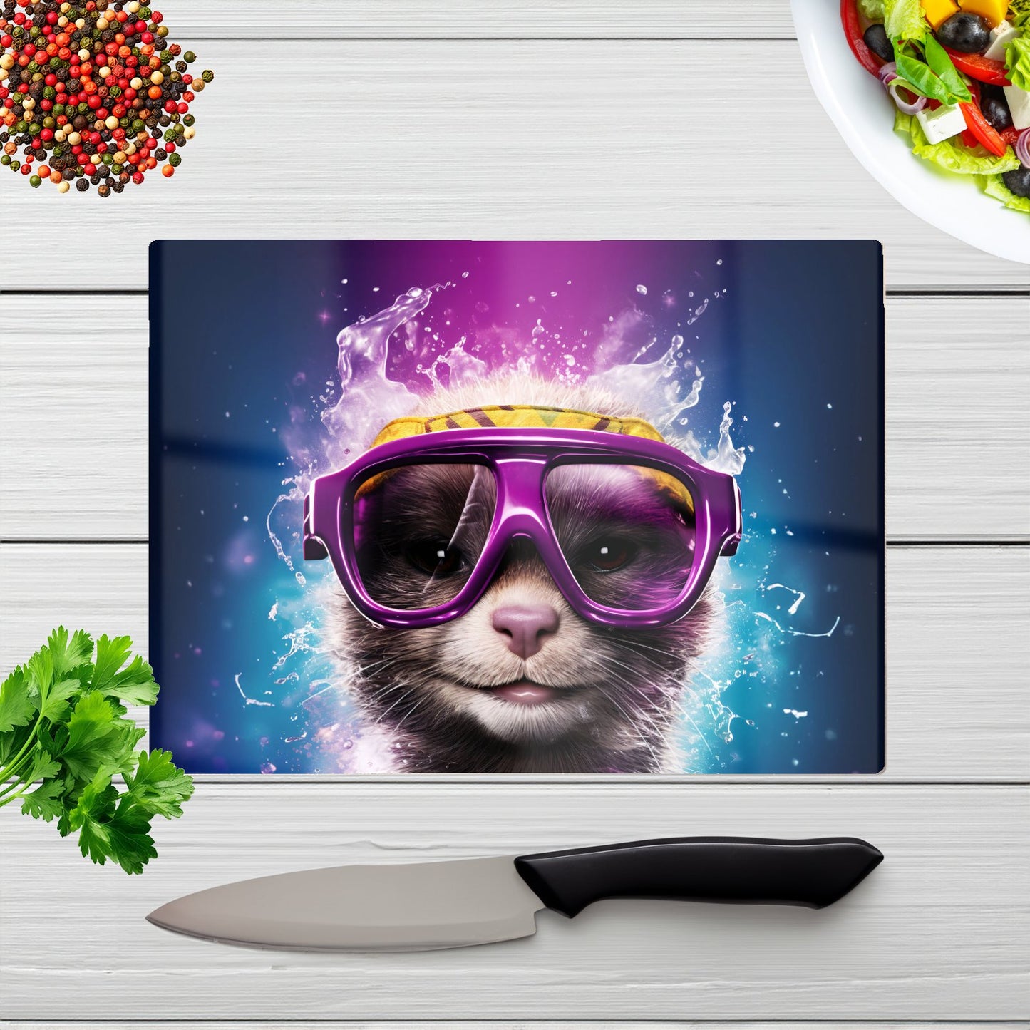 Splashart Ferret With Glasses Purple Glass Chopping Board