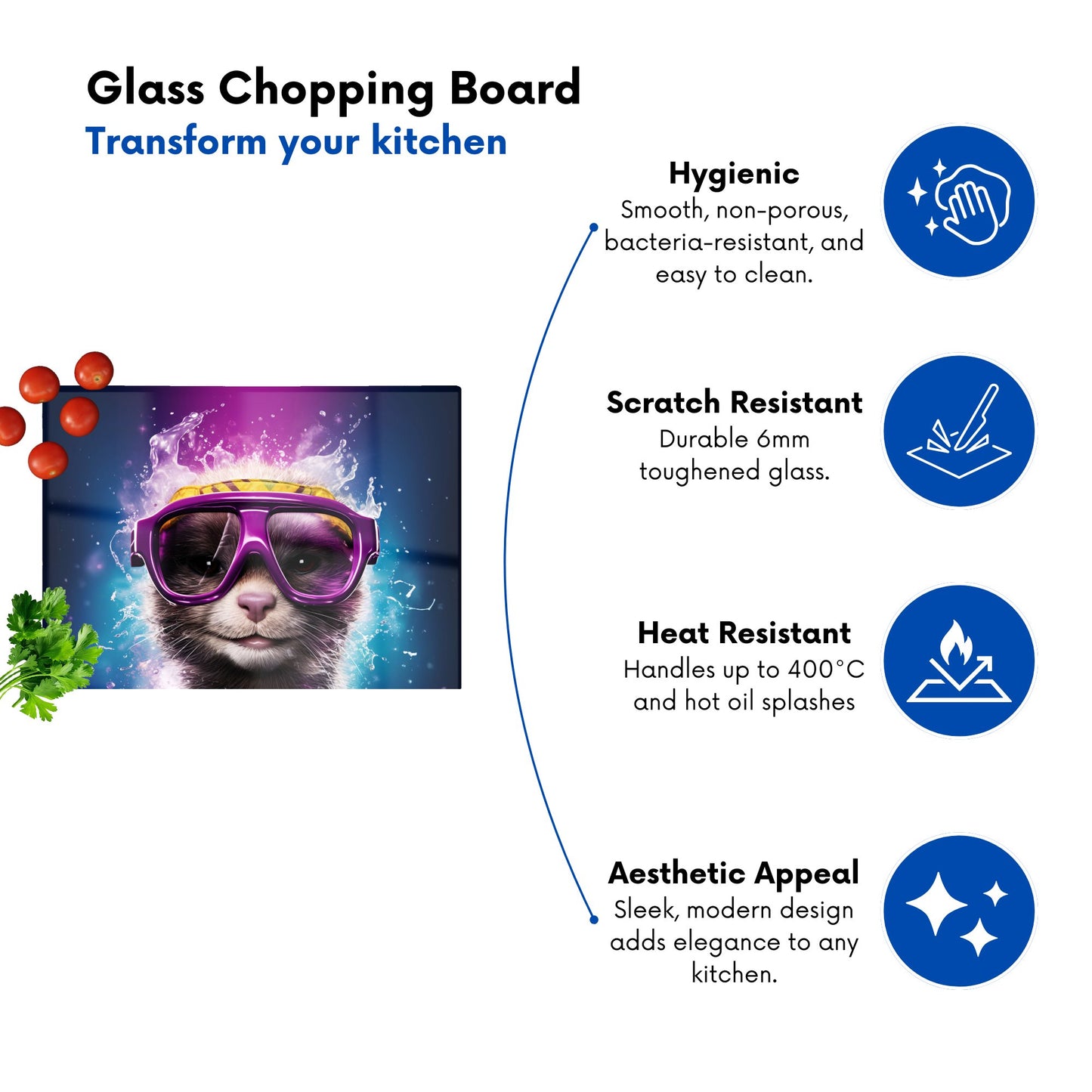 Splashart Ferret With Glasses Purple Glass Chopping Board