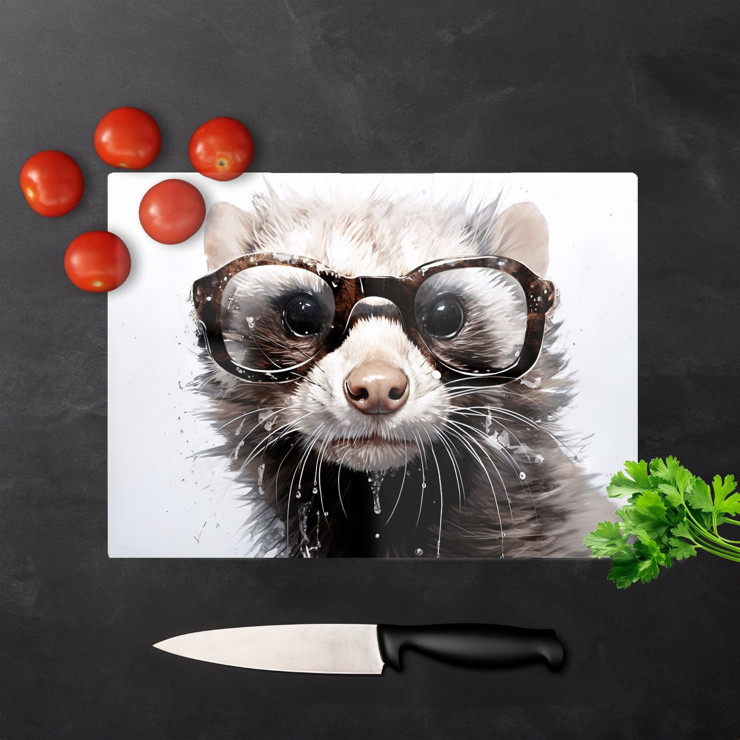 Splashart Ferret With Glasses Glass Chopping Board