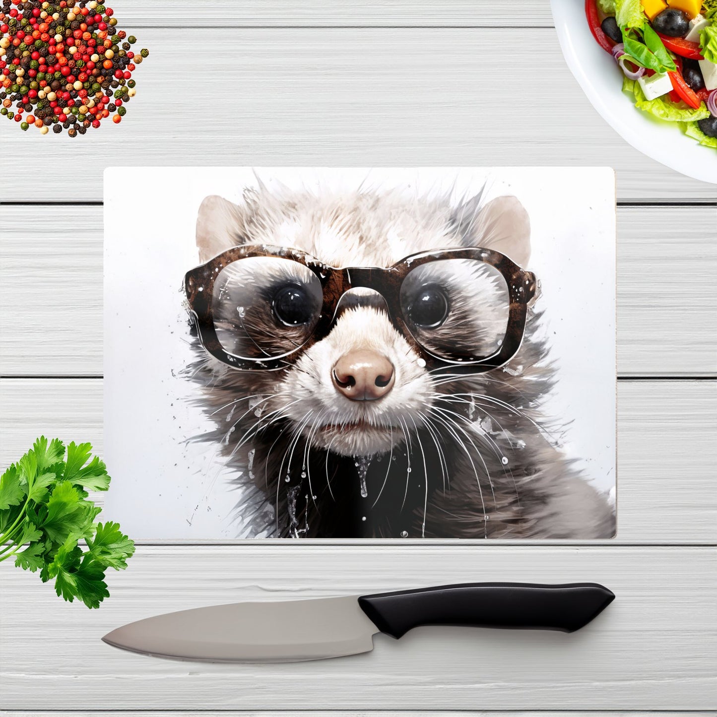 Splashart Ferret With Glasses Glass Chopping Board