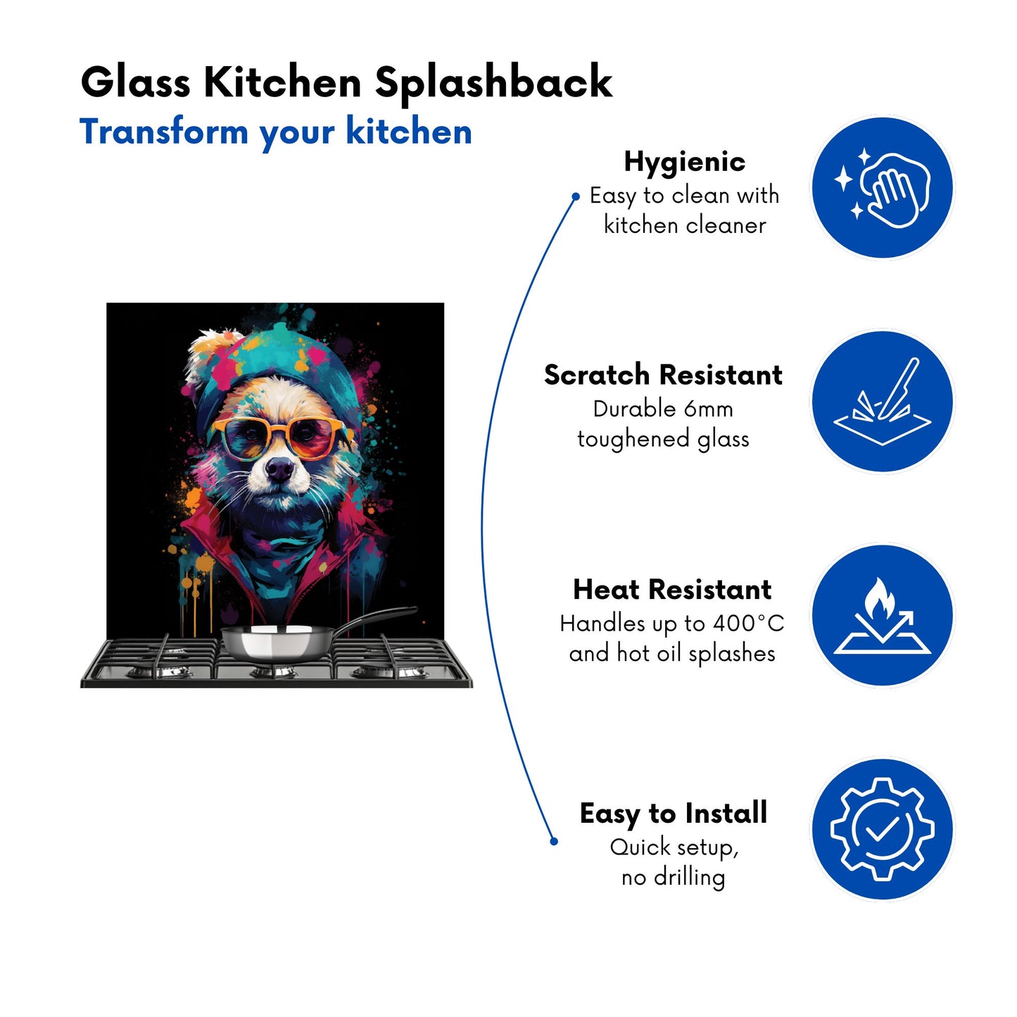 Multi Coloured Splashart Dog With Glasses Kitchen Splashback
