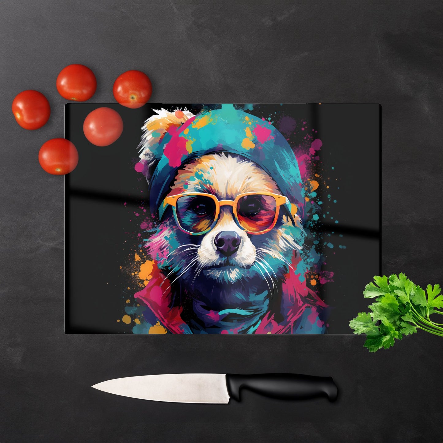 Multi Coloured Splashart Dog With Glasses Glass Chopping Board