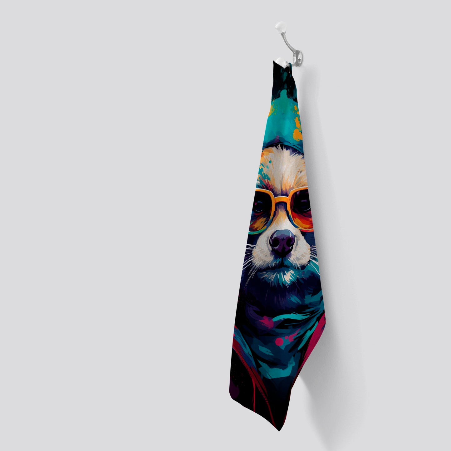 Multi Coloured Splashart Dog With Glasses Tea Towel