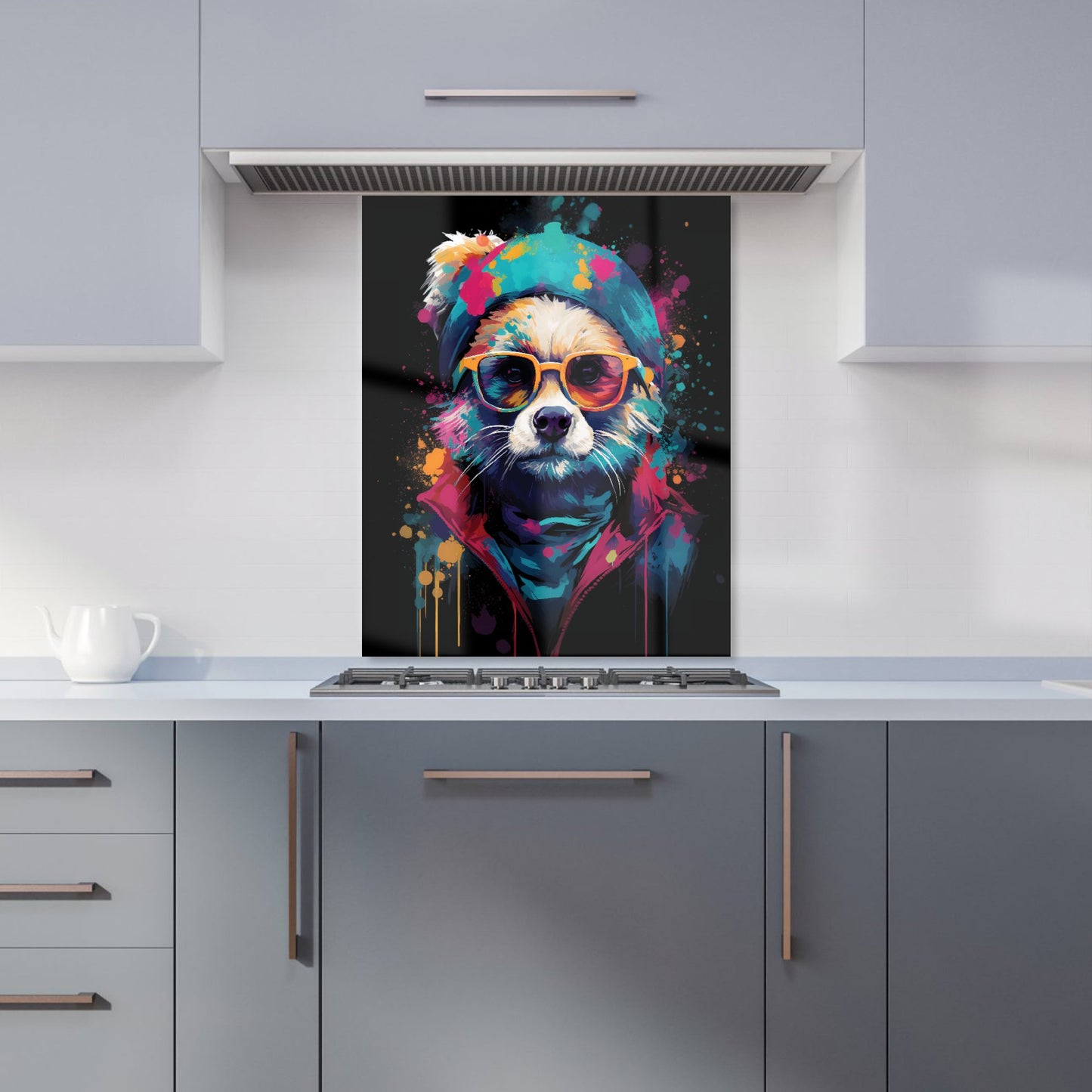 Multi Coloured Splashart Dog With Glasses Kitchen Splashback