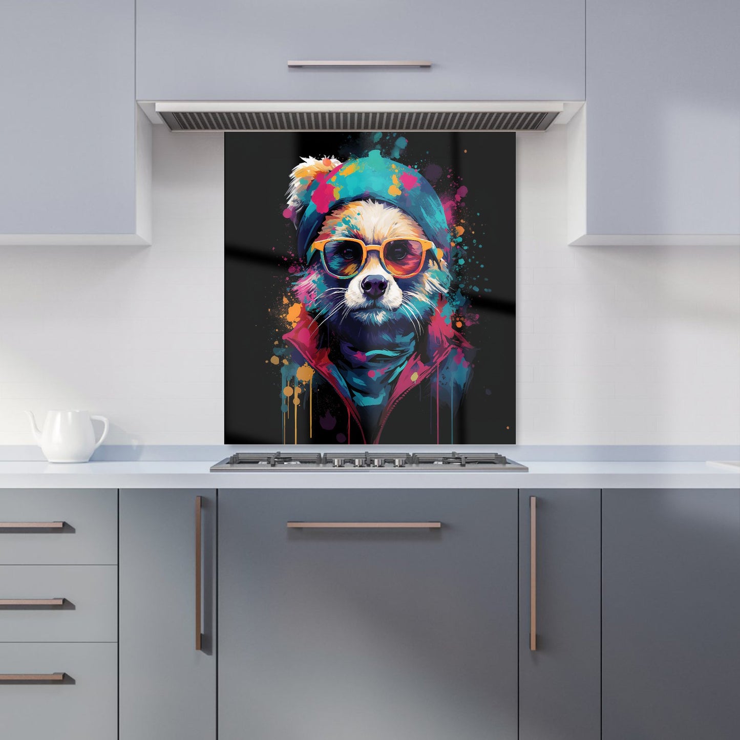 Multi Coloured Splashart Dog With Glasses Kitchen Splashback