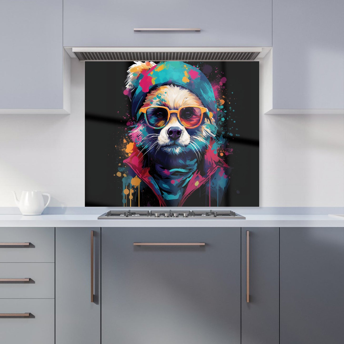 Multi Coloured Splashart Dog With Glasses Kitchen Splashback