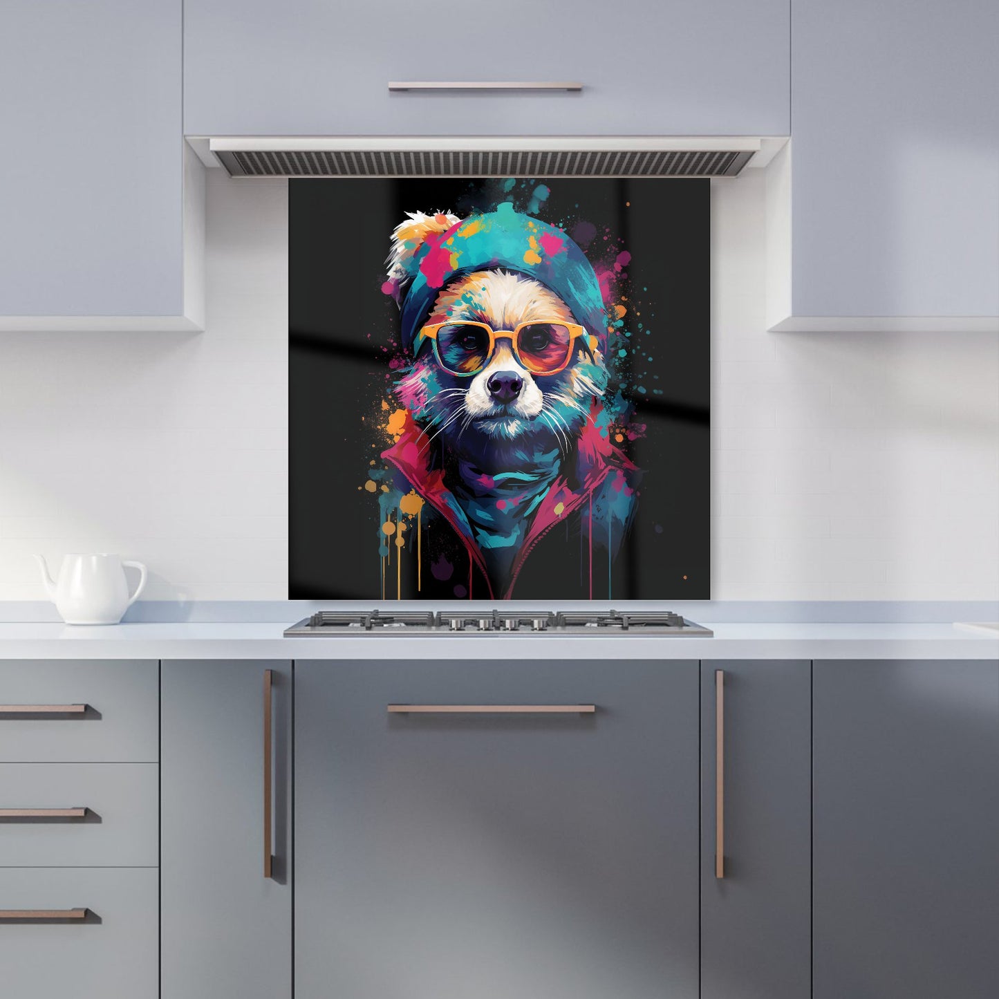 Multi Coloured Splashart Dog With Glasses Kitchen Splashback