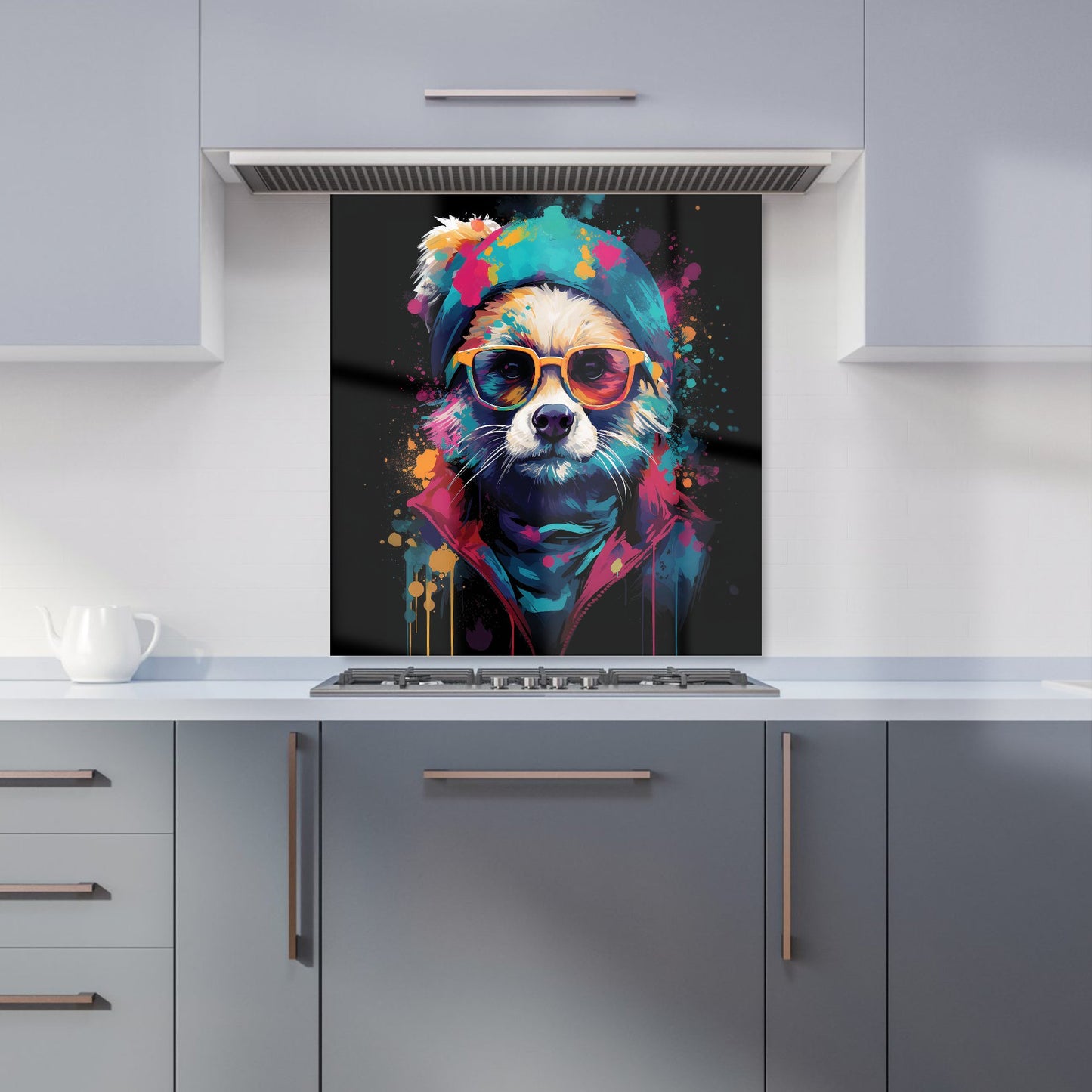 Multi Coloured Splashart Dog With Glasses Kitchen Splashback