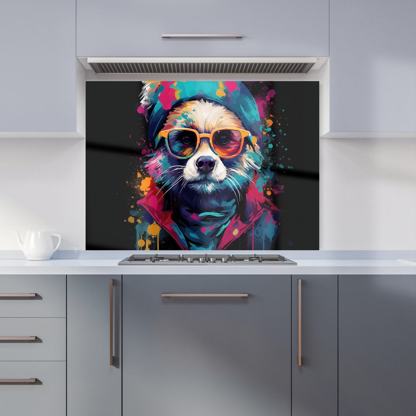 Multi Coloured Splashart Dog With Glasses Kitchen Splashback
