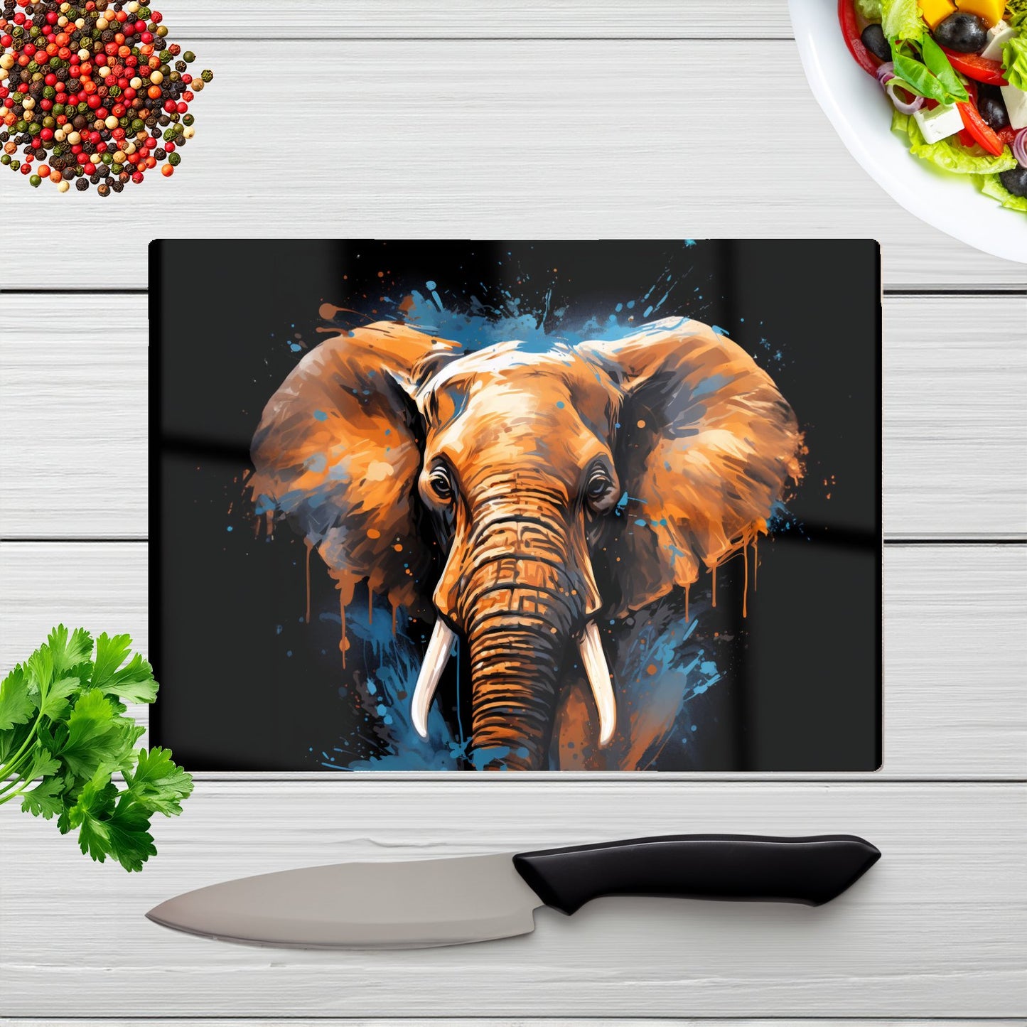 Splashart Elephant Blue Glass Chopping Board