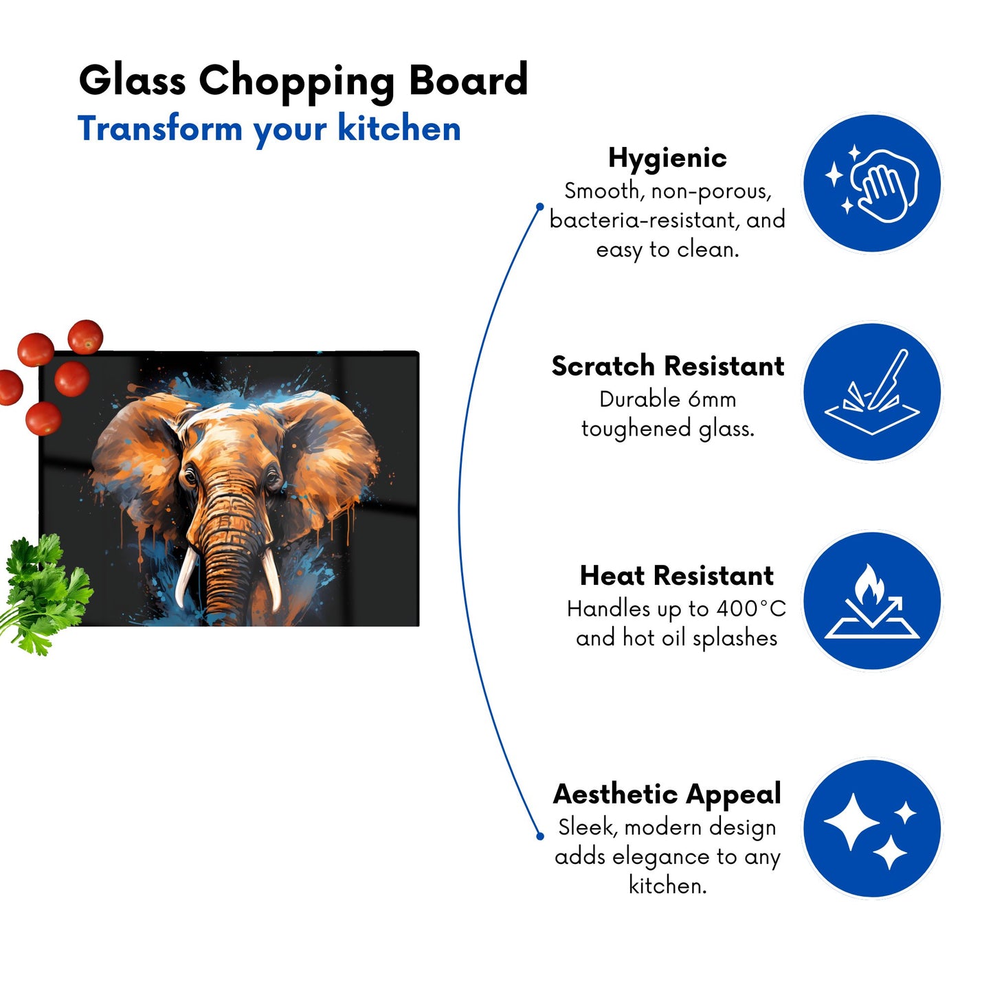 Splashart Elephant Blue Glass Chopping Board