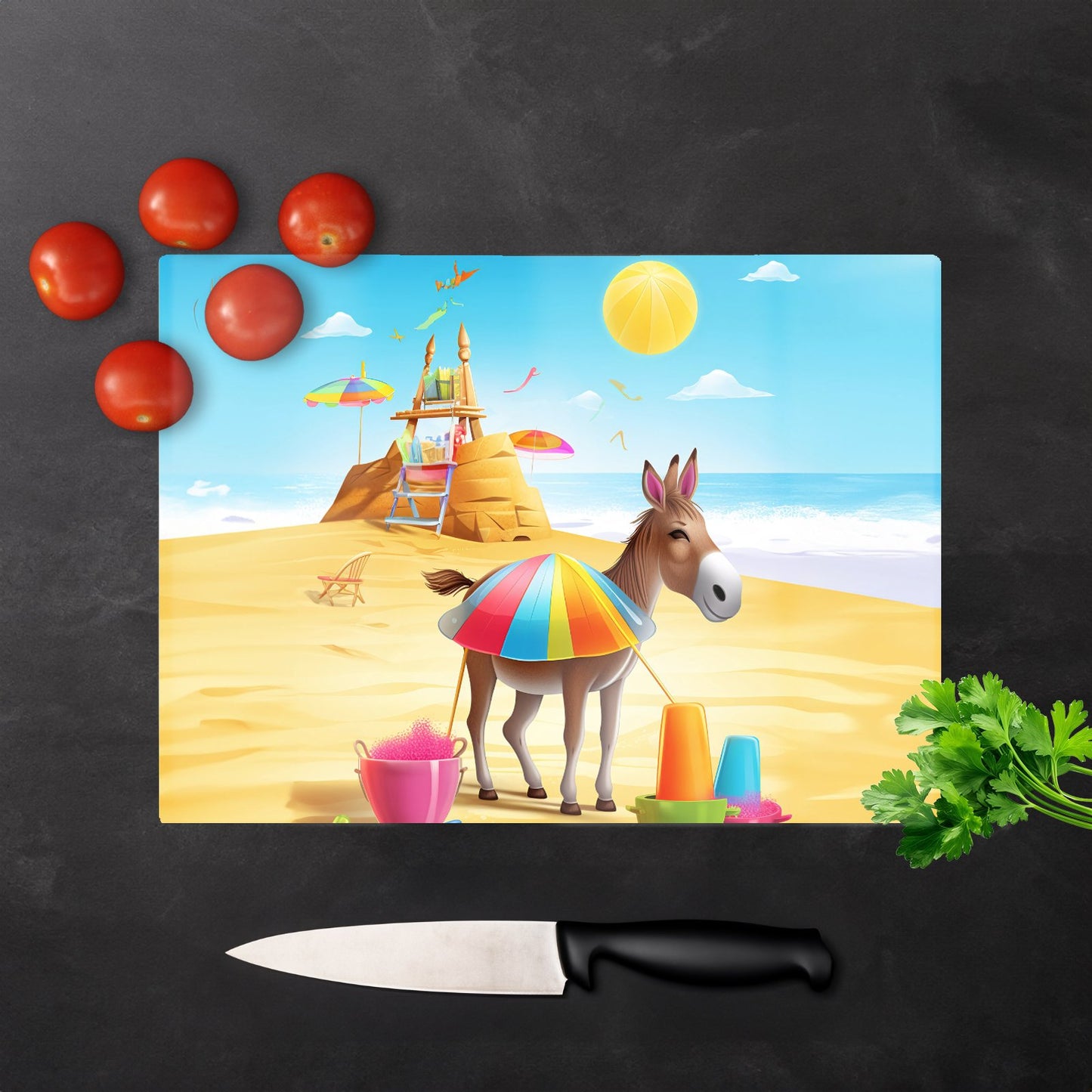 Donkey On A Beach Holiday Glass Chopping Board