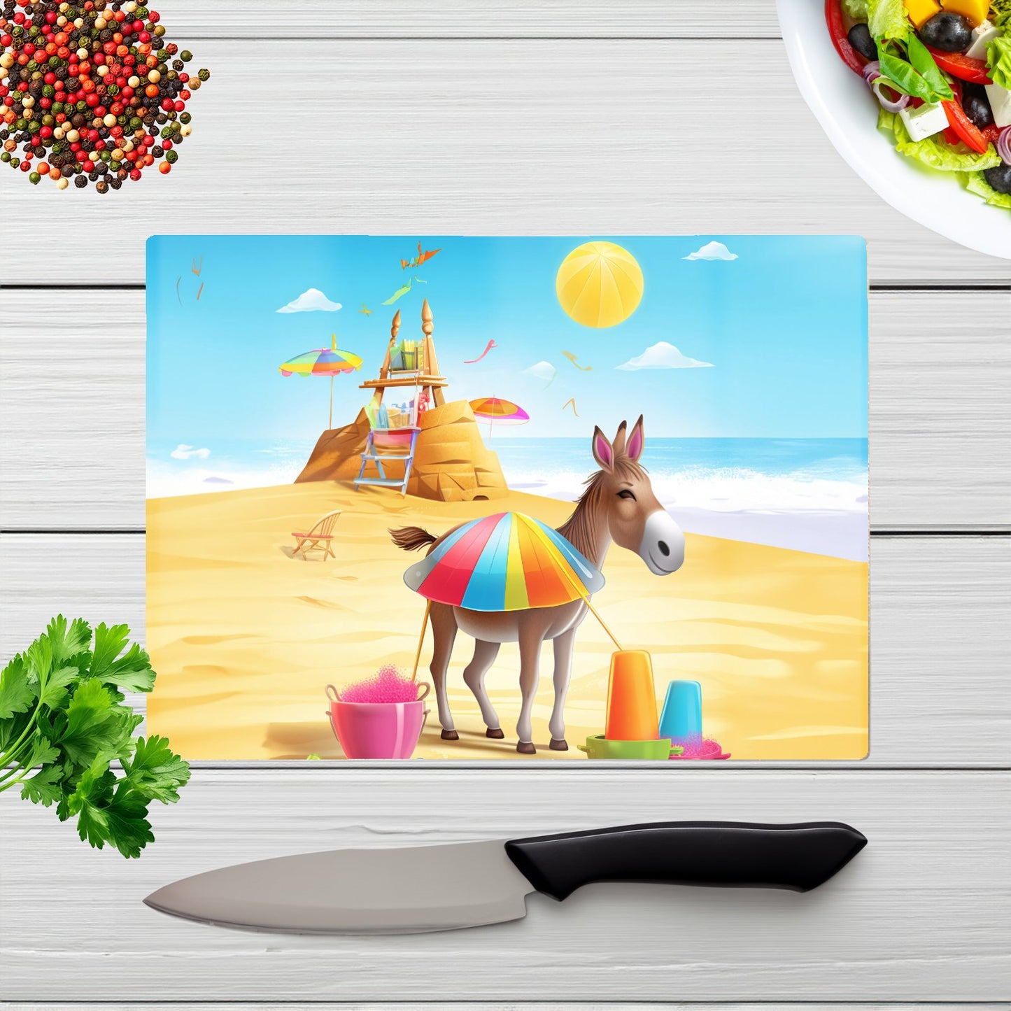 Donkey On A Beach Holiday Glass Chopping Board