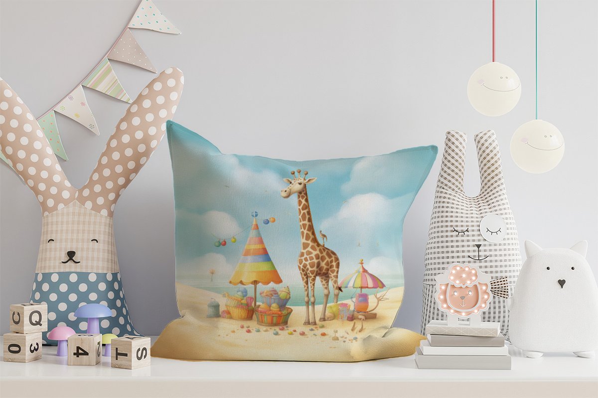 Giraffe On A Beach Holiday Cushions