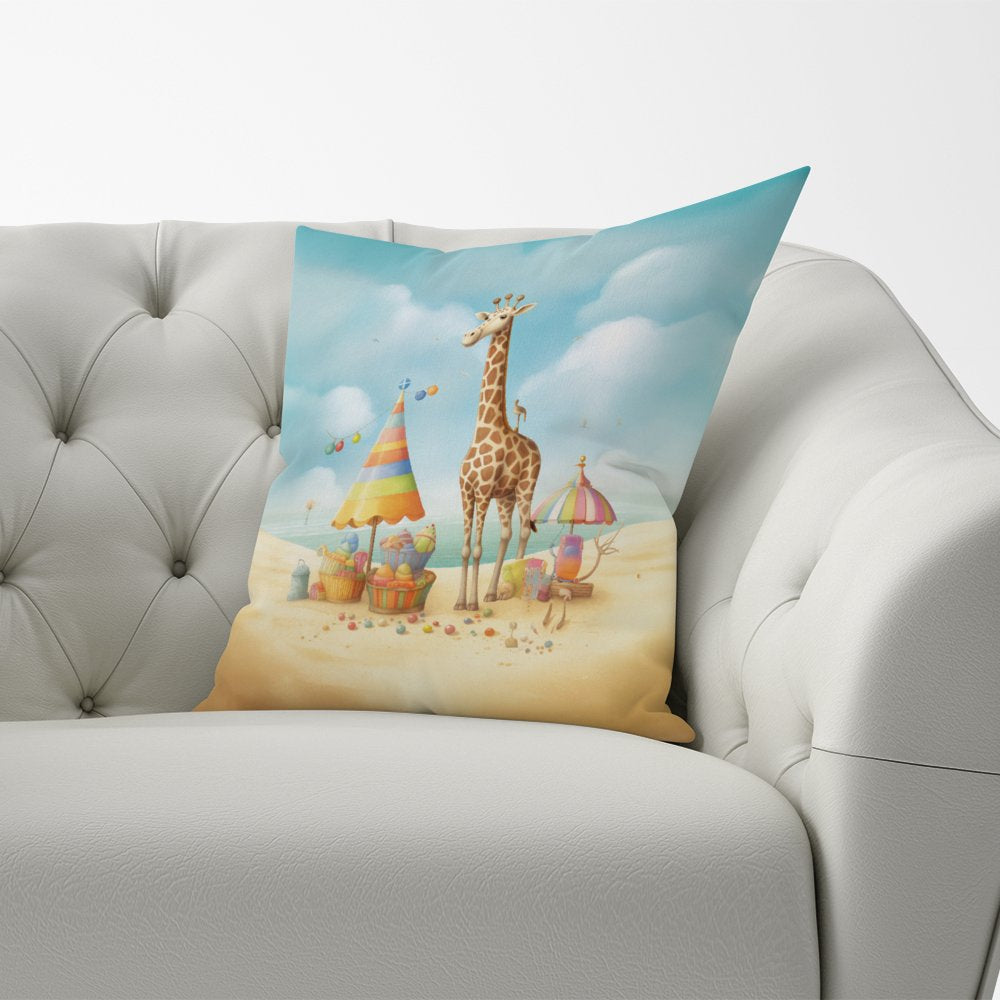 Giraffe On A Beach Holiday Cushions
