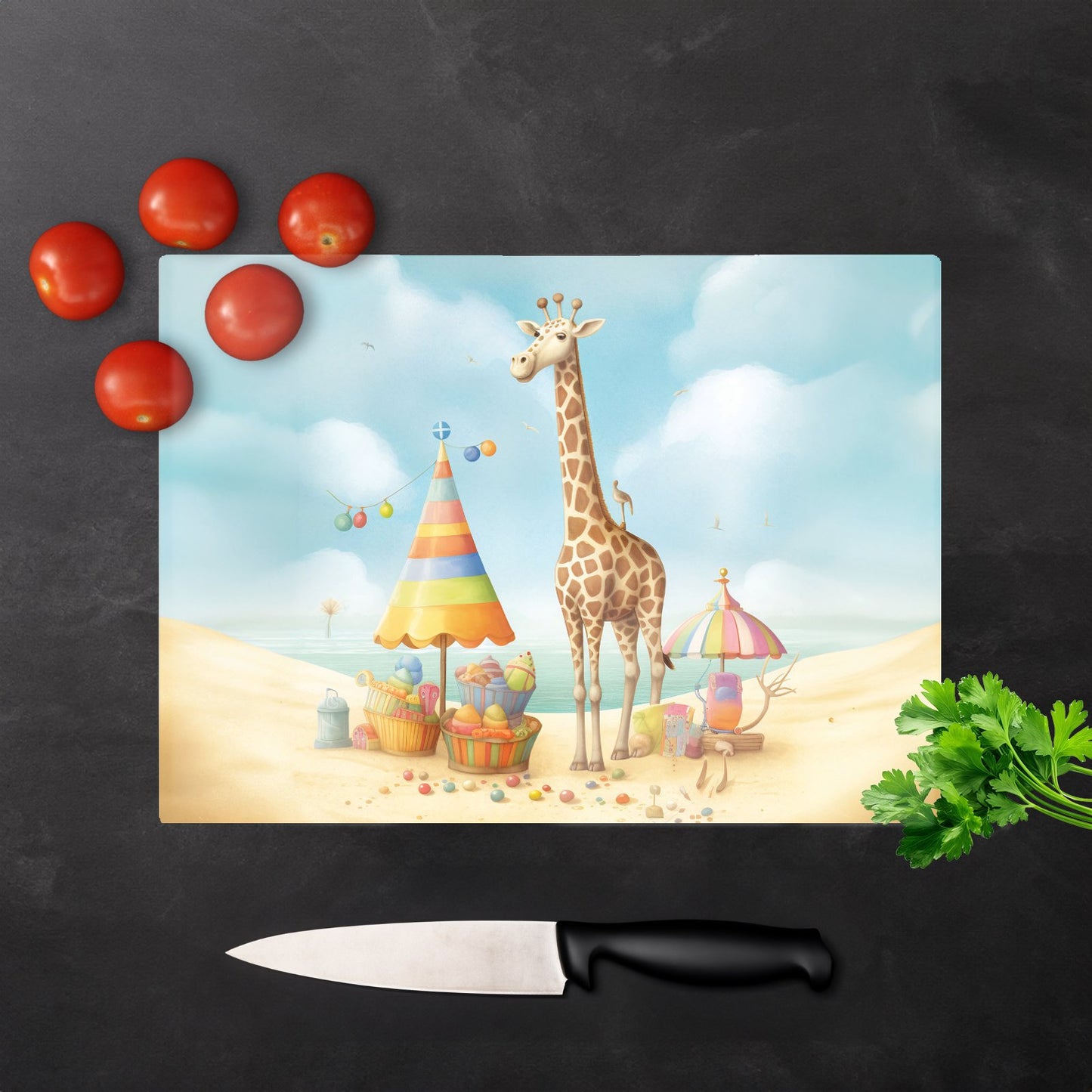 Giraffe On A Beach Holiday Glass Chopping Board