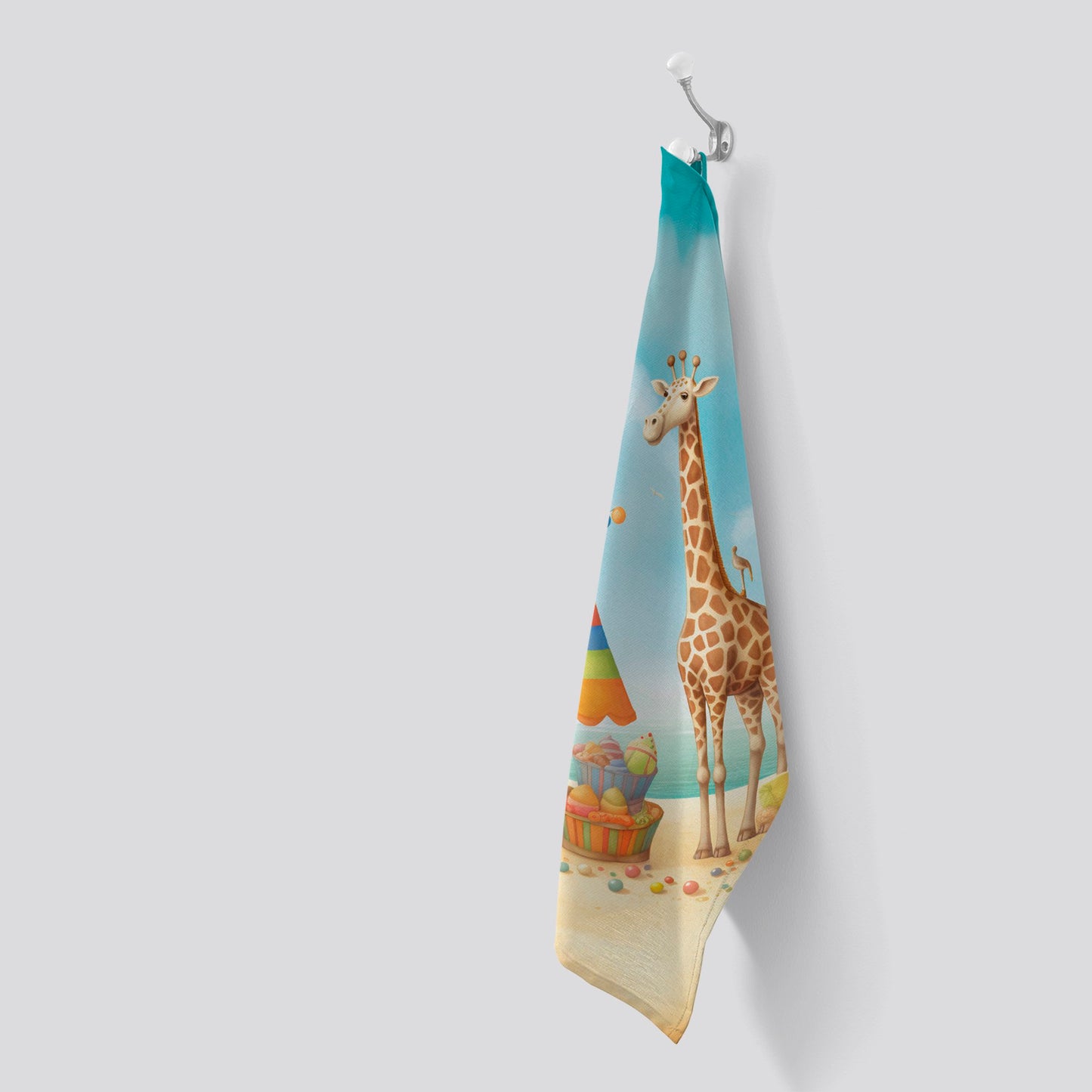 Giraffe On A Beach Holiday Tea Towel