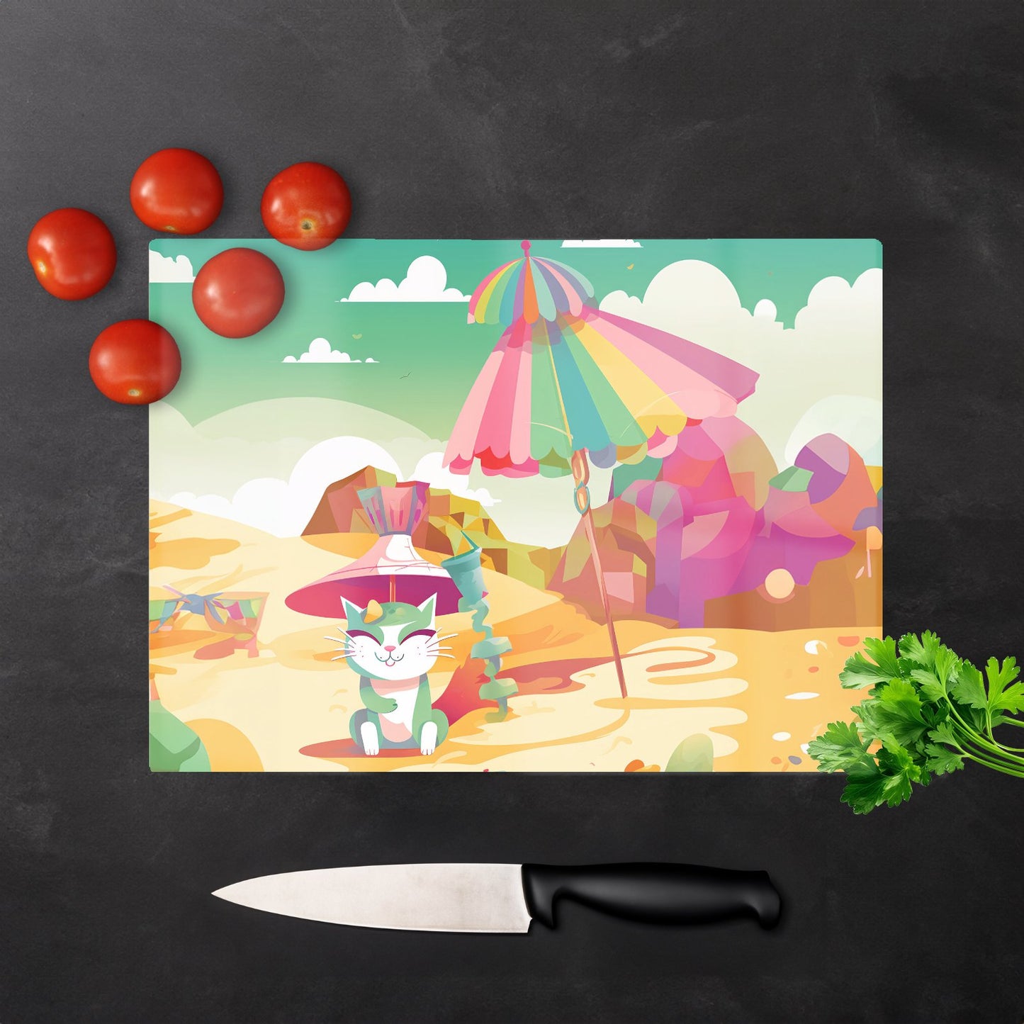 Kitten On A Beach Holiday Glass Chopping Board