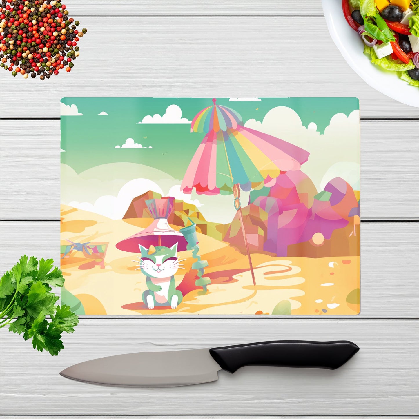 Kitten On A Beach Holiday Glass Chopping Board