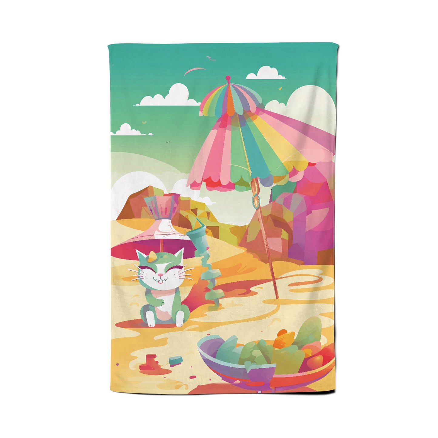 Kitten On A Beach Holiday Tea Towel