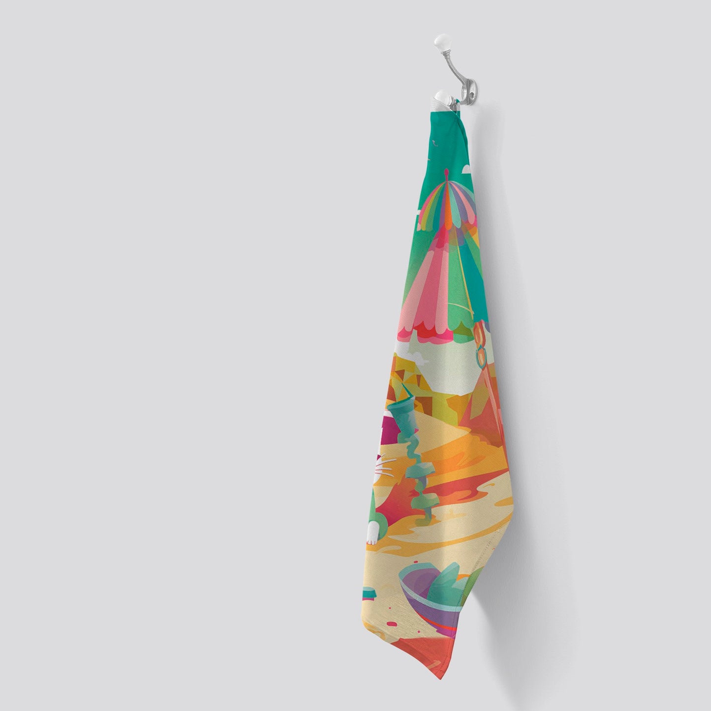 Kitten On A Beach Holiday Tea Towel