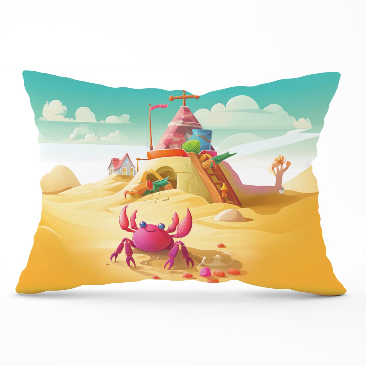 Pink Crab On A Beach Holiday Cushions