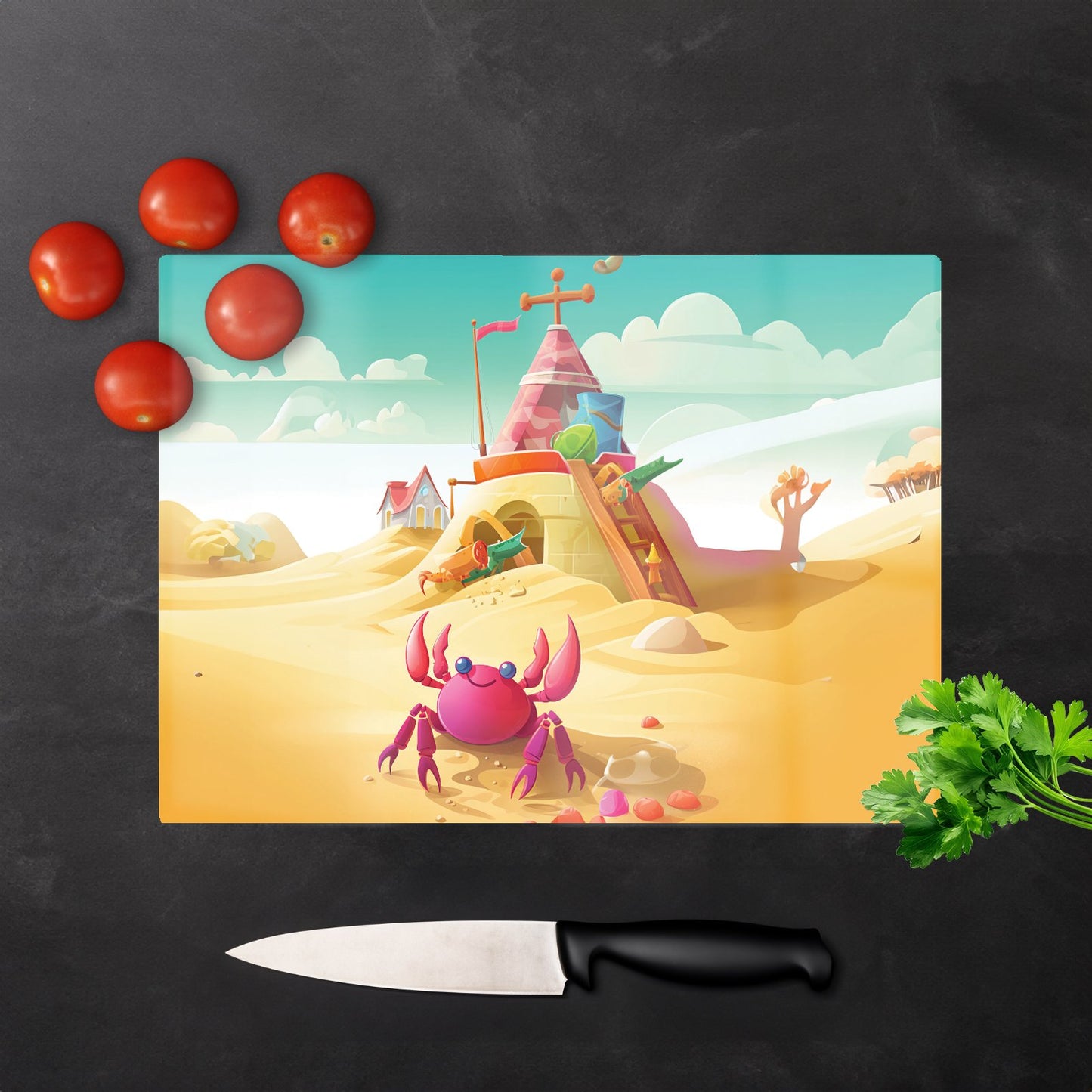 Pink Crab On A Beach Holiday Glass Chopping Board