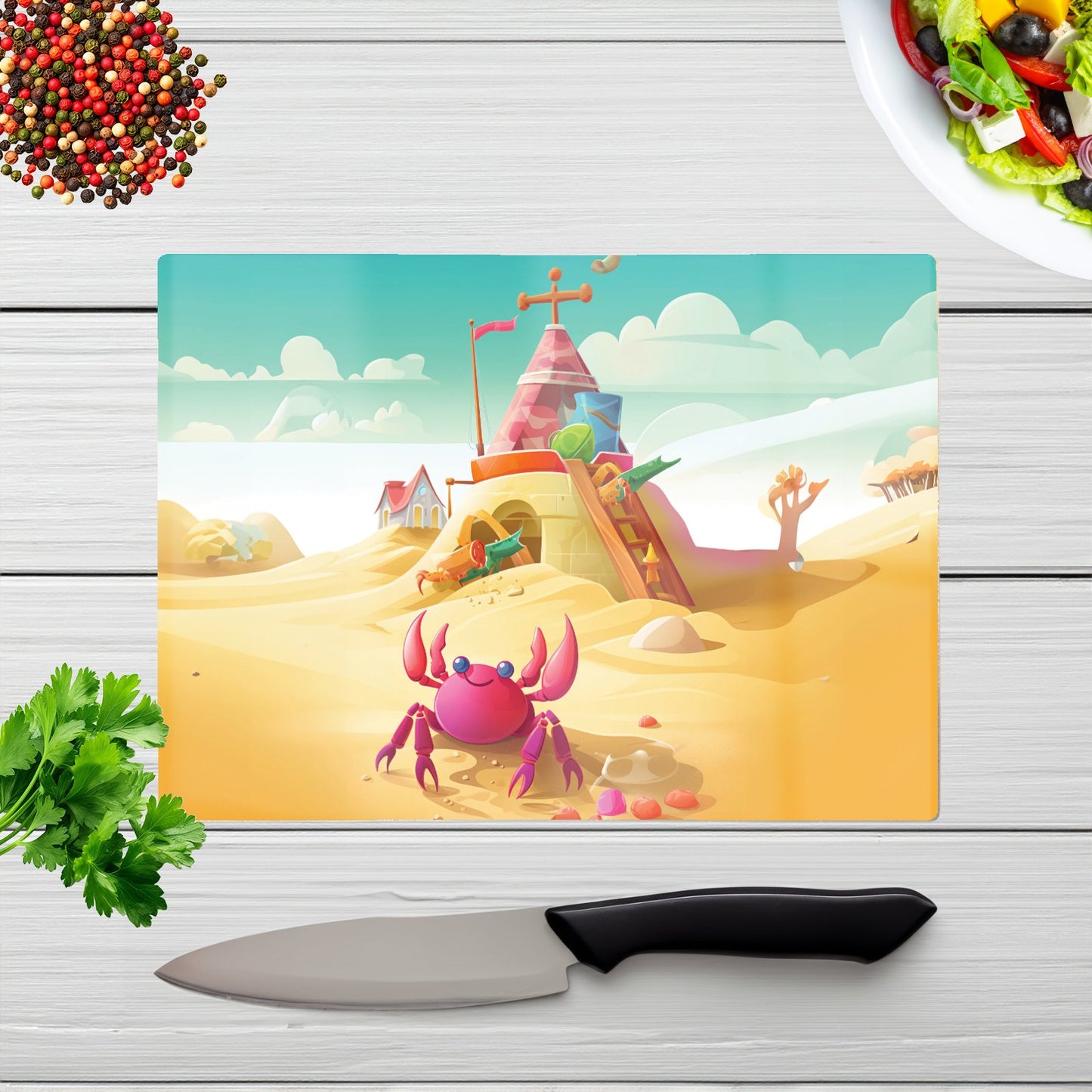 Pink Crab On A Beach Holiday Glass Chopping Board