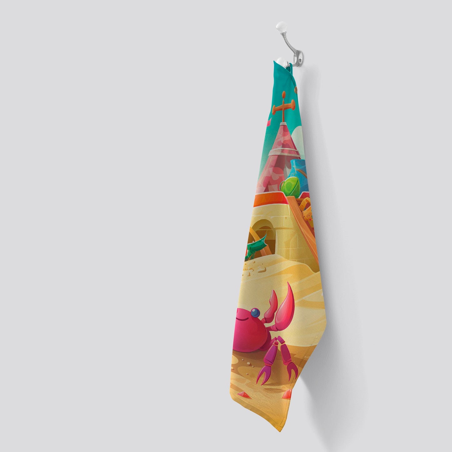 Pink Crab On A Beach Holiday Tea Towel