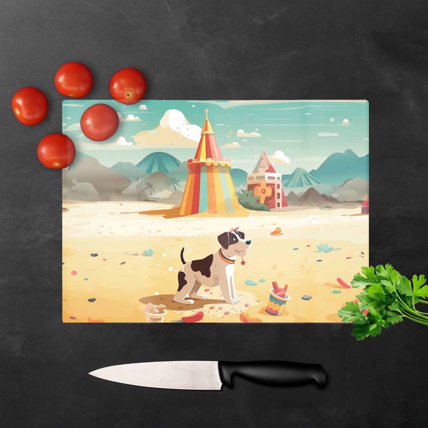 Doggy On A Beach Holiday Glass Chopping Board