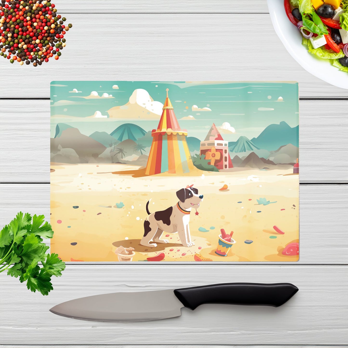 Doggy On A Beach Holiday Glass Chopping Board