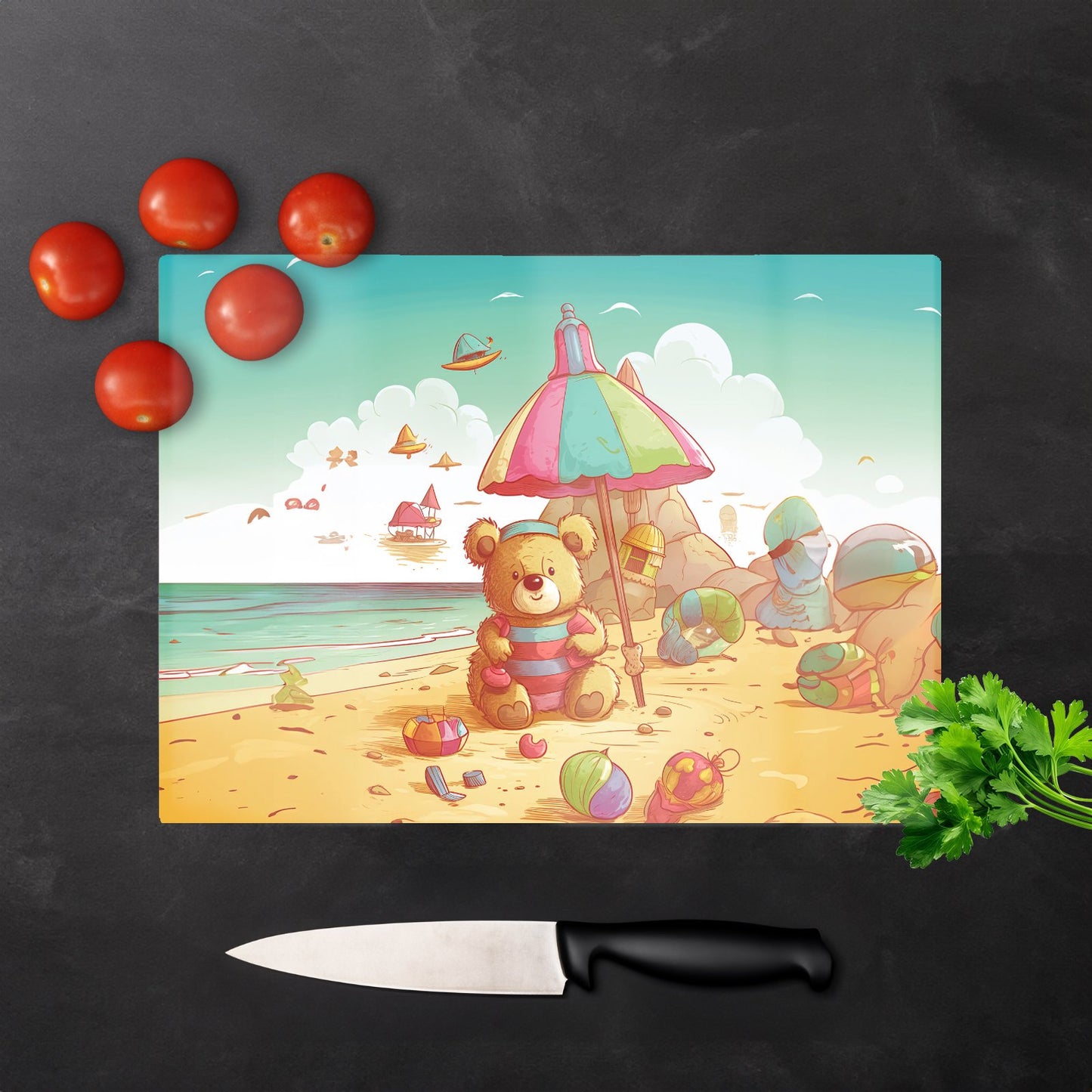 Teddy Bead On A Beach Holiday Glass Chopping Board