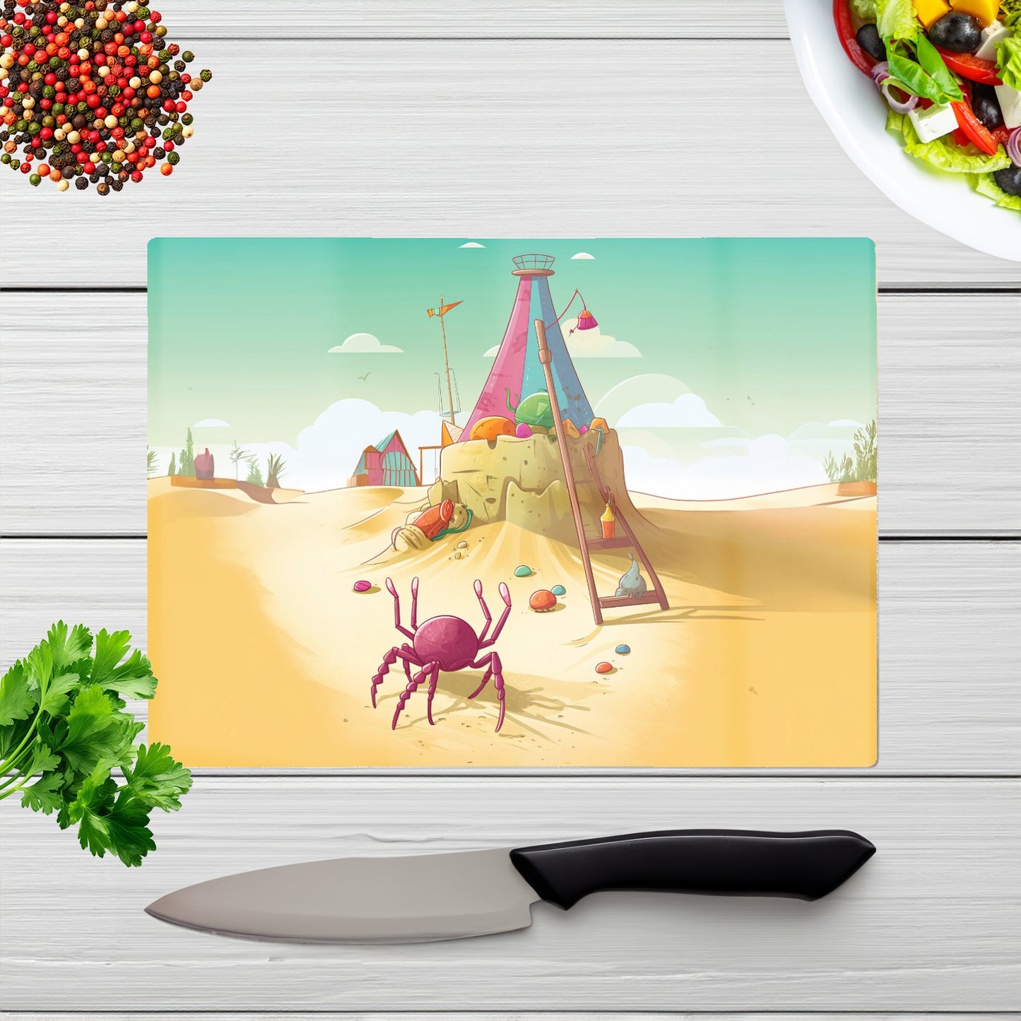 Crab On A Beach Holiday Glass Chopping Board