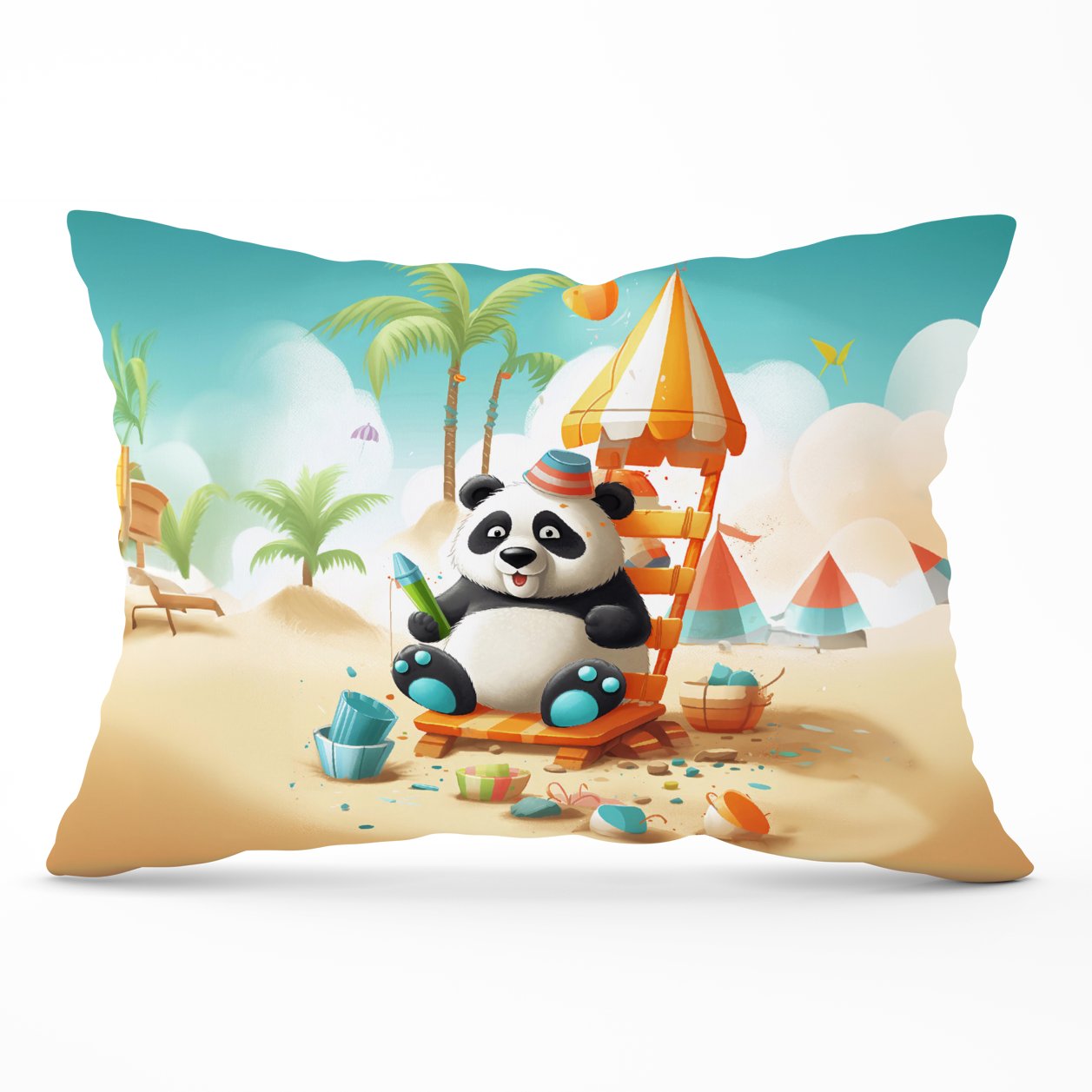 Panda On A Beach Holiday Cushions