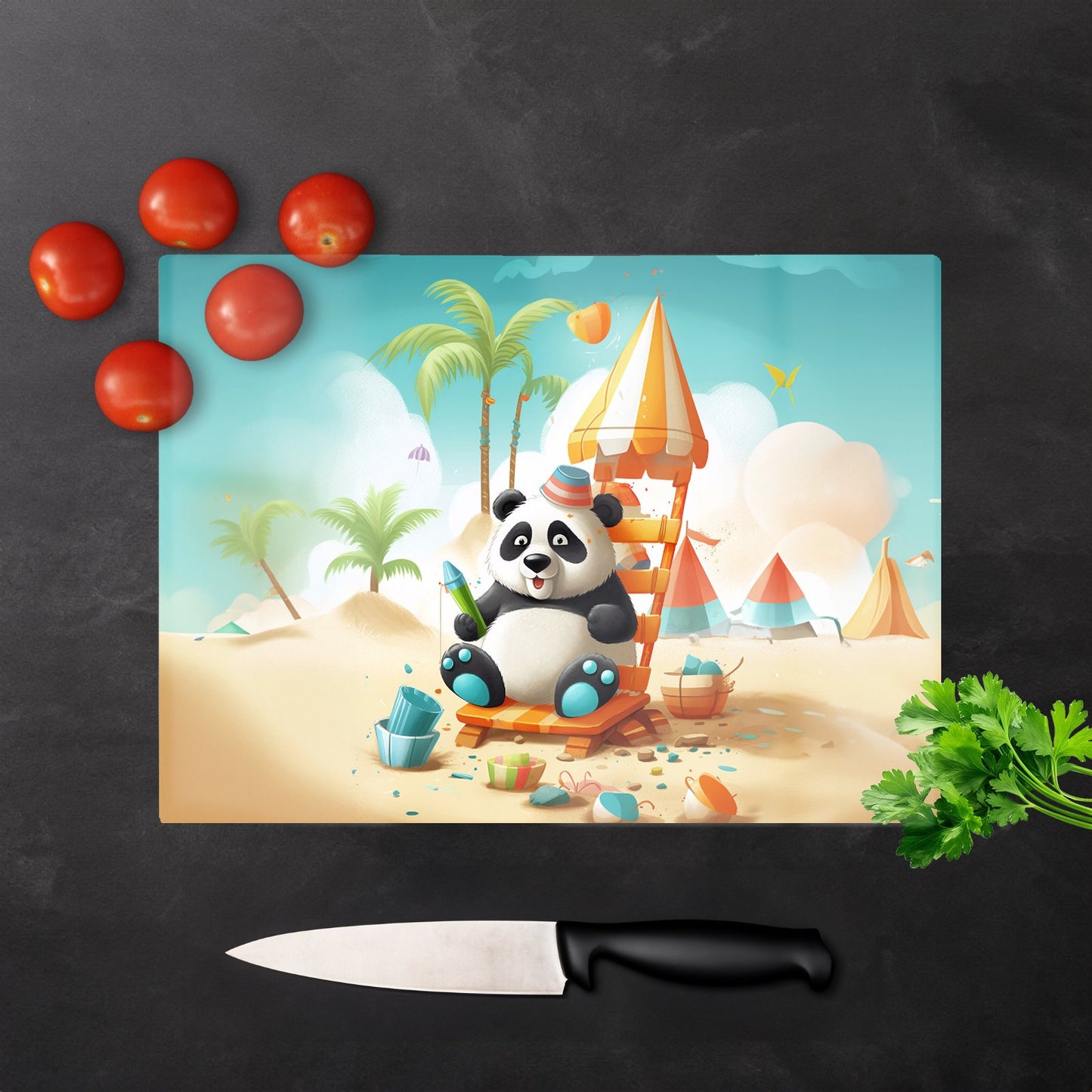 Panda On A Beach Holiday Glass Chopping Board