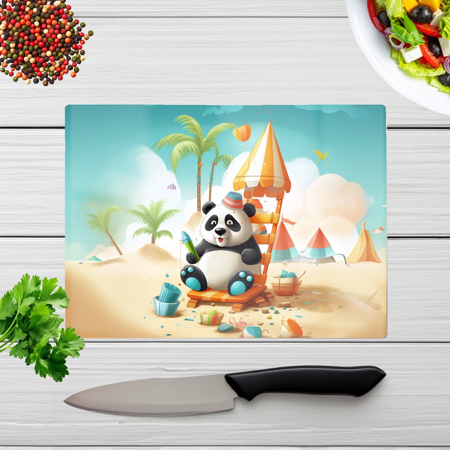 Panda On A Beach Holiday Glass Chopping Board