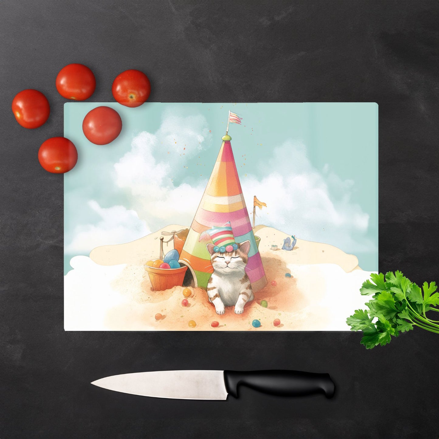 Cat On A Beach Holiday Glass Chopping Board