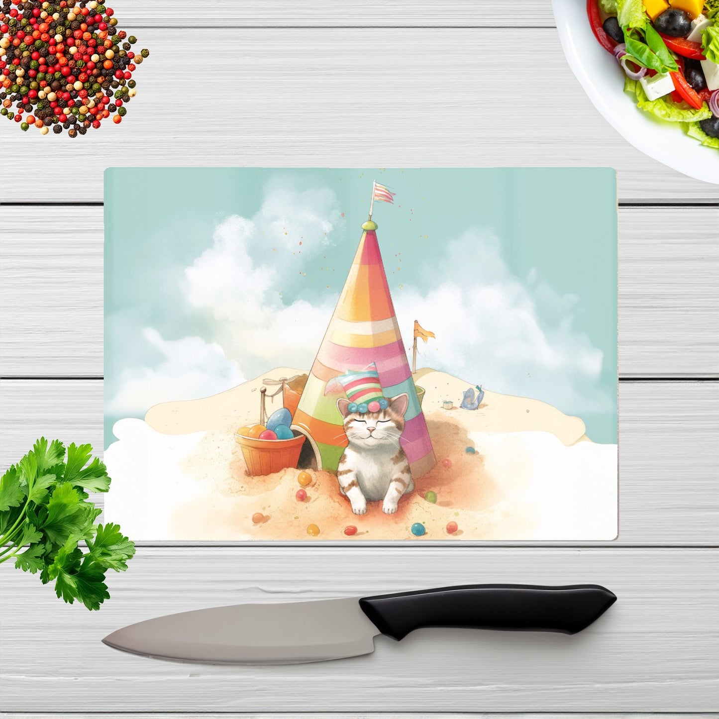 Cat On A Beach Holiday Glass Chopping Board