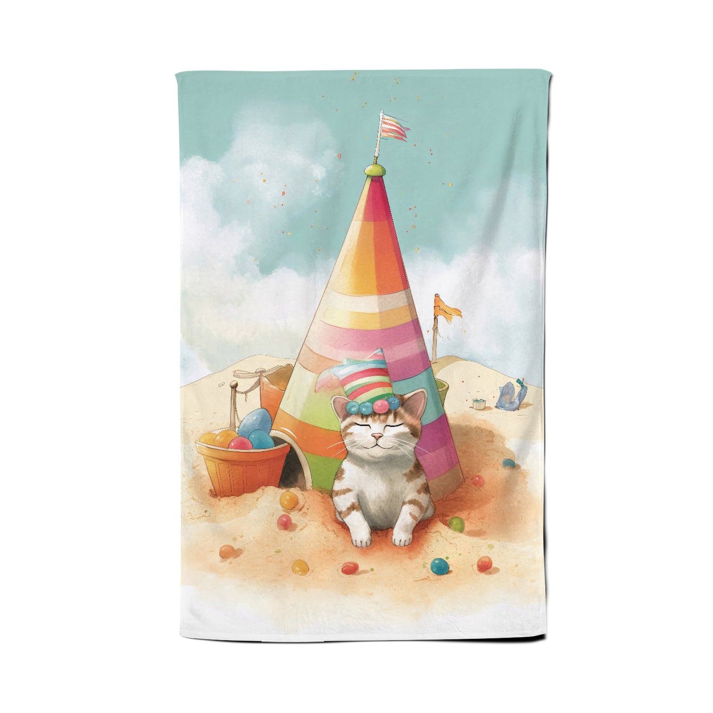 Cat On A Beach Holiday Tea Towel