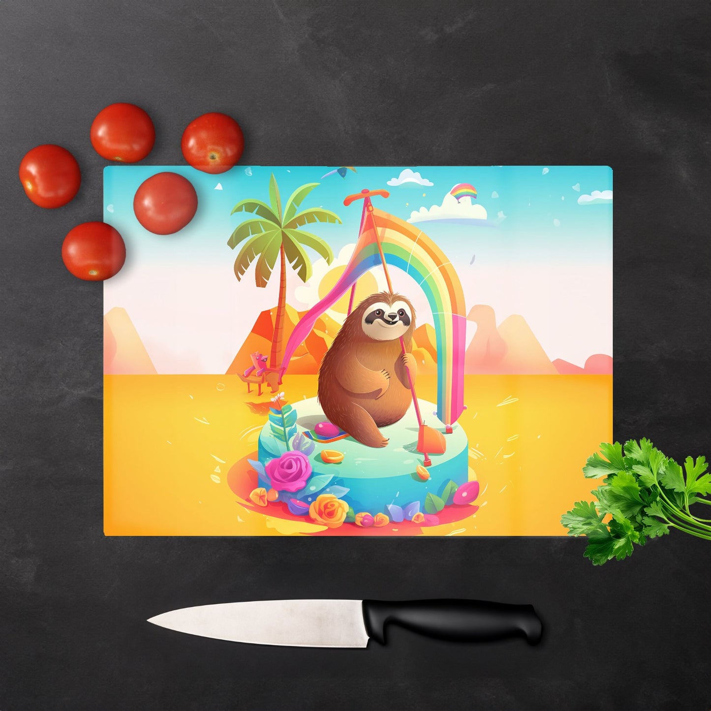 Sloth On A Beach Holiday Glass Chopping Board