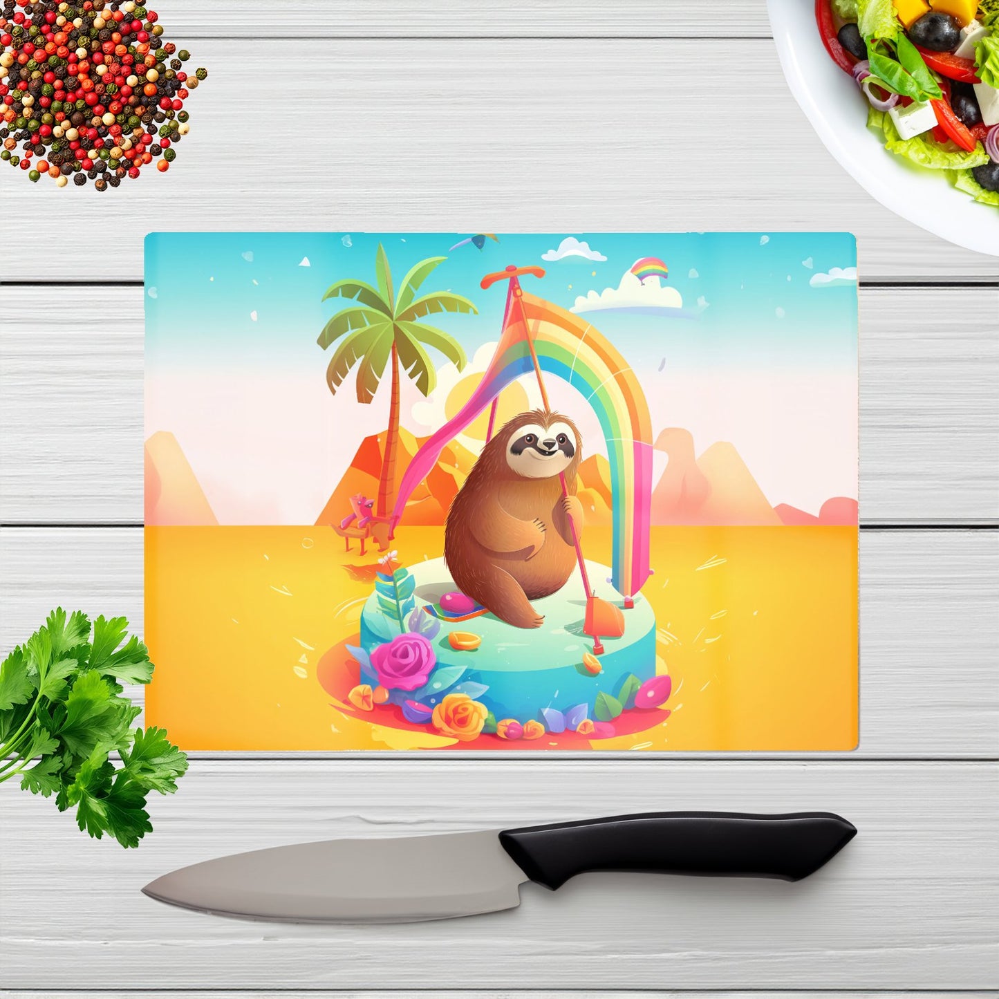 Sloth On A Beach Holiday Glass Chopping Board