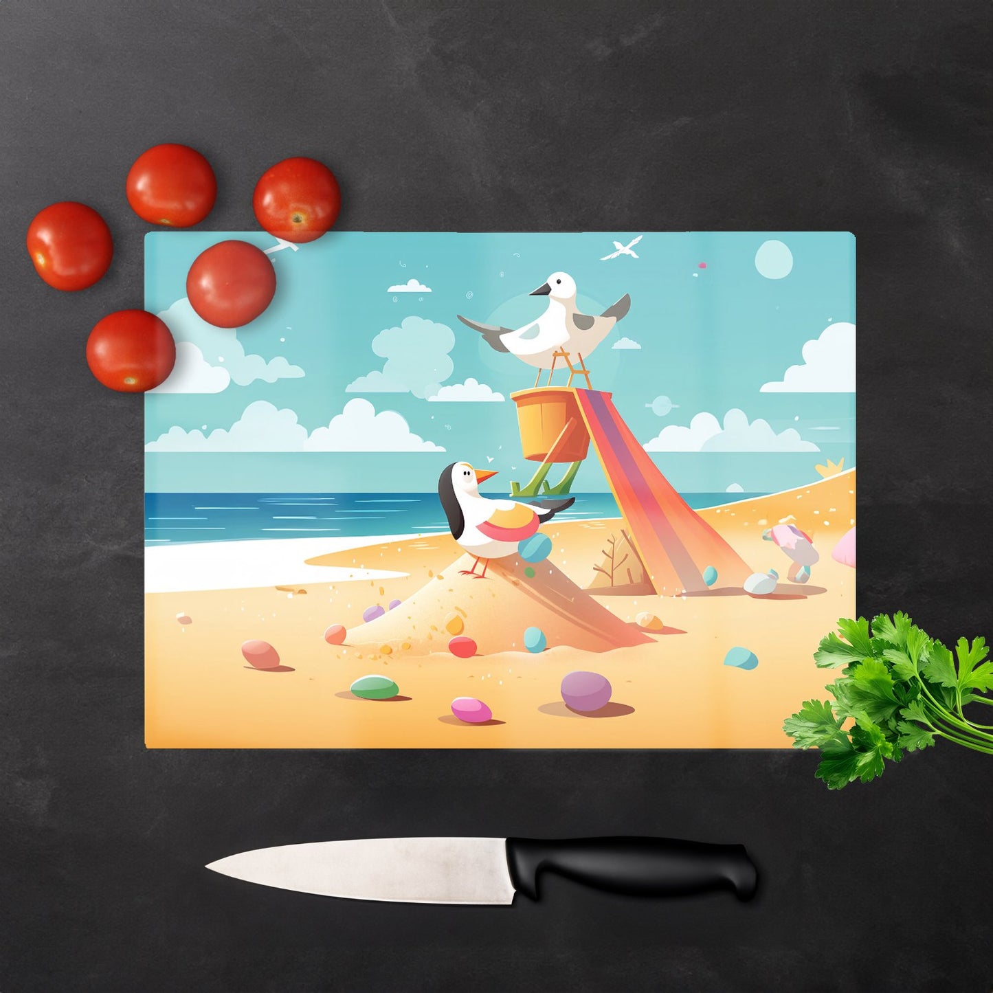 Seagulls On A Beach Holiday Glass Chopping Board