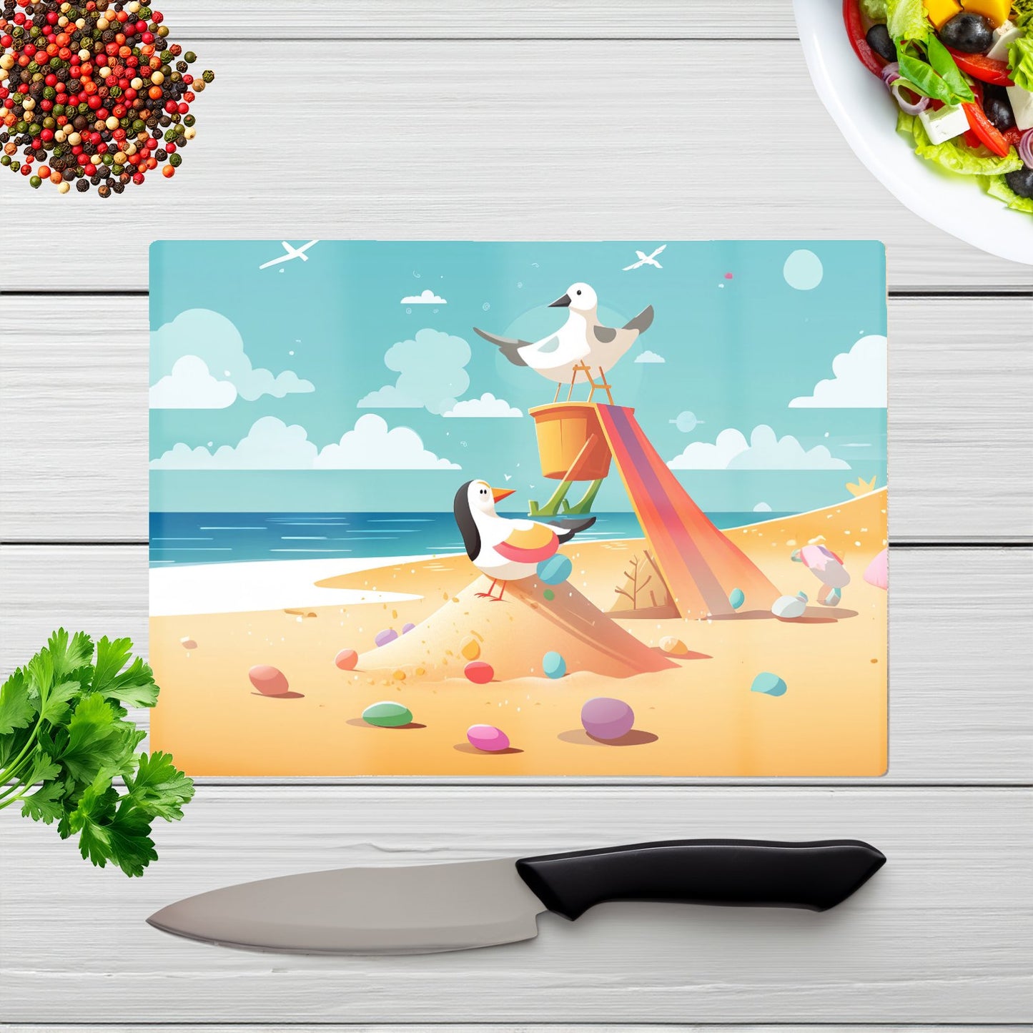 Seagulls On A Beach Holiday Glass Chopping Board