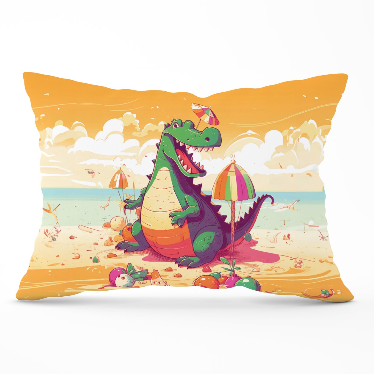 Crocodile On A Beach Holiday Cushions