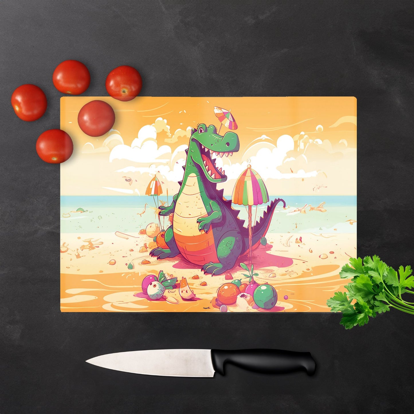 Crocodile On A Beach Holiday Glass Chopping Board